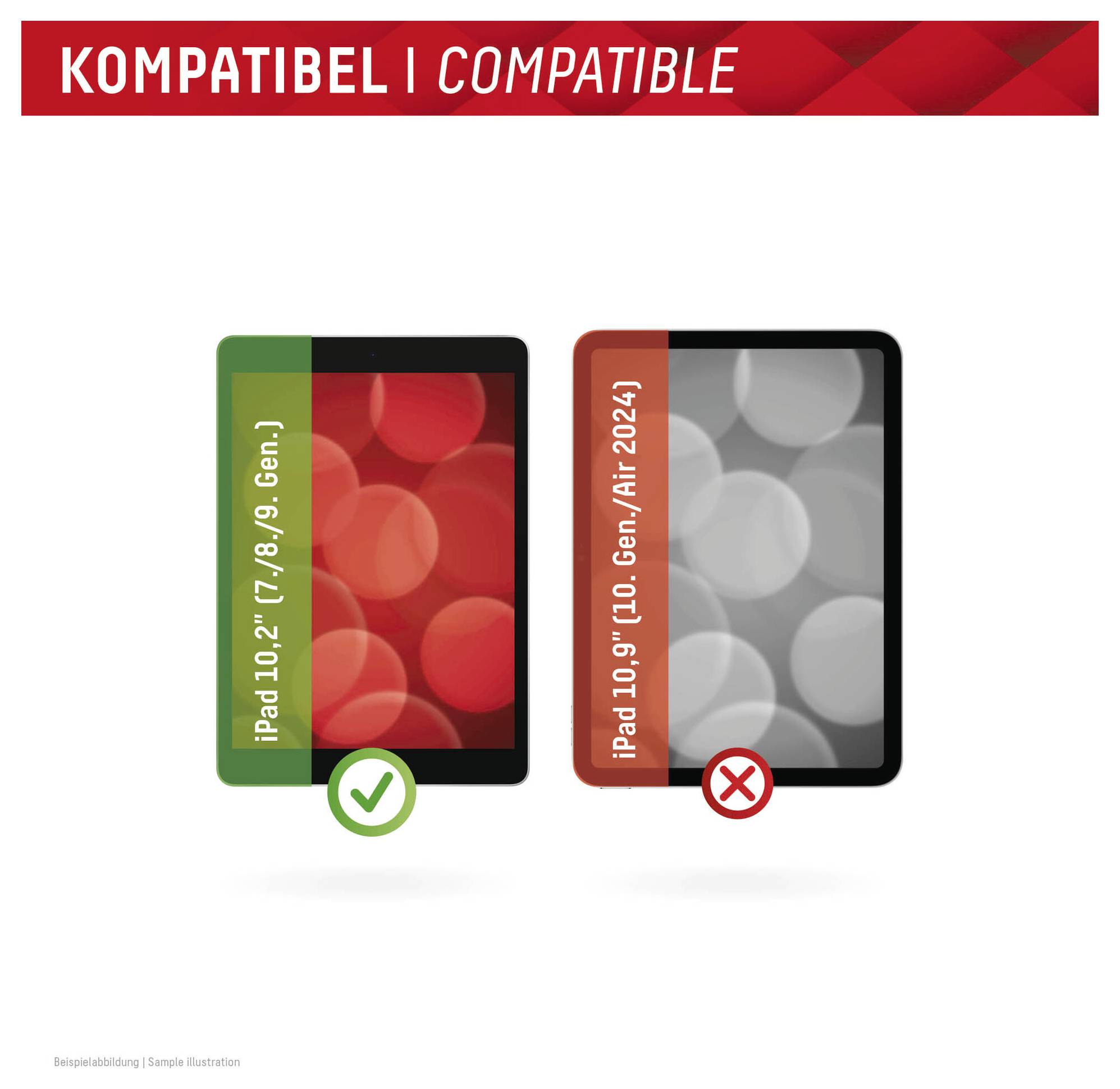 KOMPATIBEL | COMPATIBLELinkes Tablet mit grünem Häkchen und Text „iPad 10.2