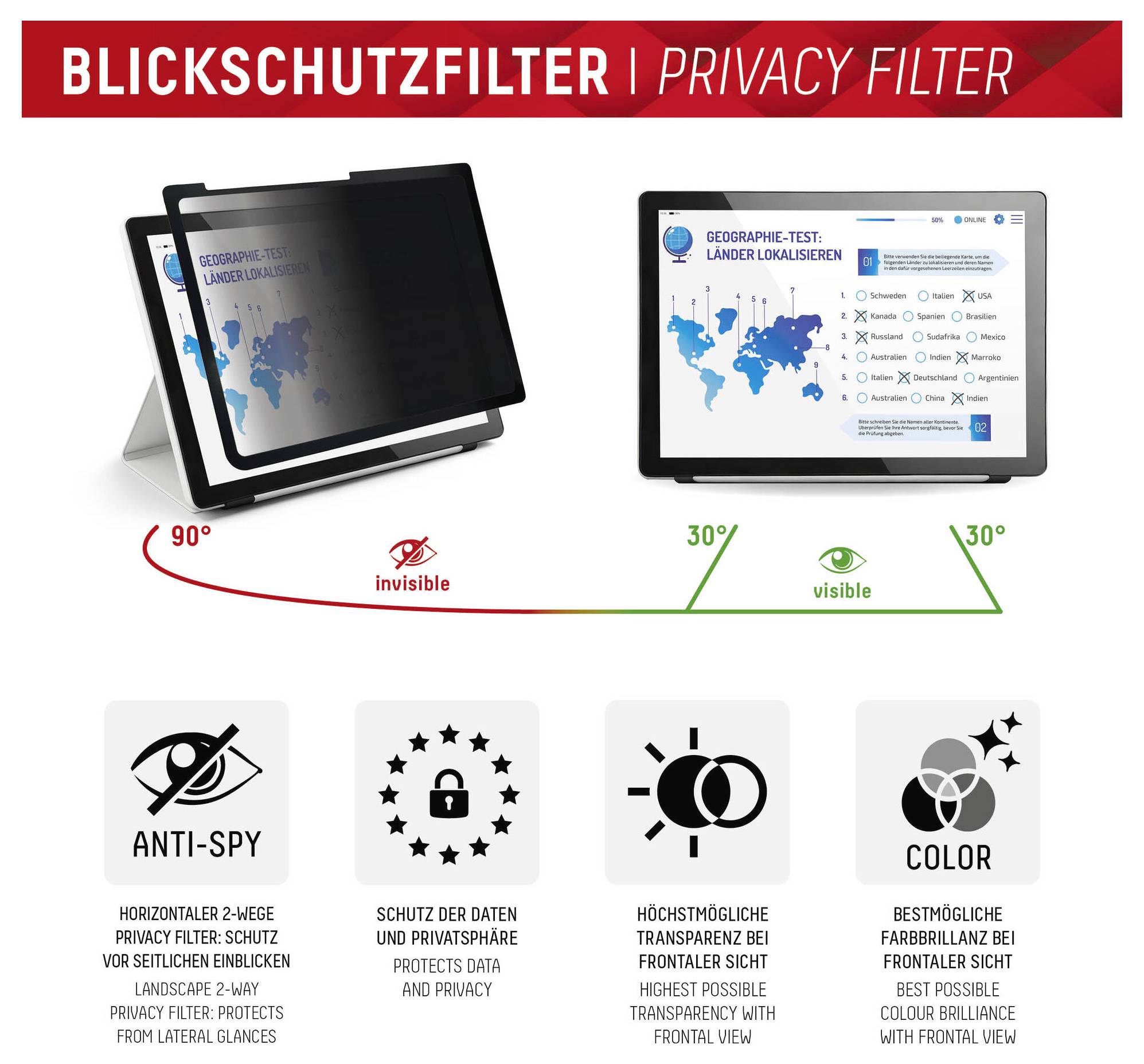 „Datenschutzfilter-Demonstration mit einem Bildschirm, der die Sichtbarkeit in 90° (unsichtbar) und 30° (sichtbar) Winkeln zeigt. Symbole deuten auf Anti-Spionage-, Datenschutz-, Klarheits- und Farbfunktionen hin.
