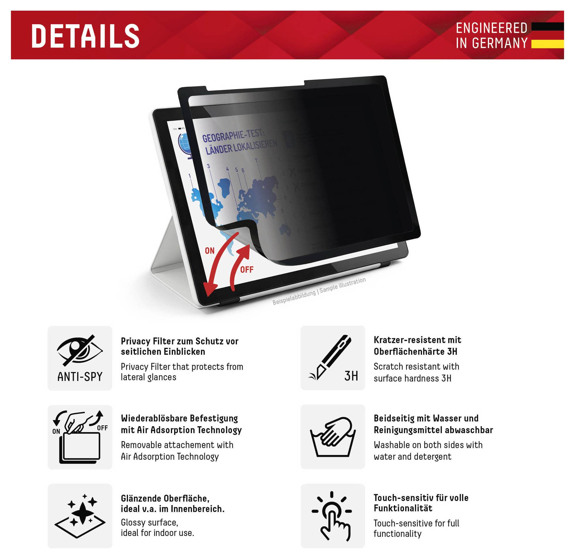Datenschutzfilter-Verpackung mit folgenden Funktionen: Anti-Spionage-Schutz, Kratzerbeständigkeit, Wasser- und Reinigungsmittelbeständigkeit und Touchempfindlichkeit.