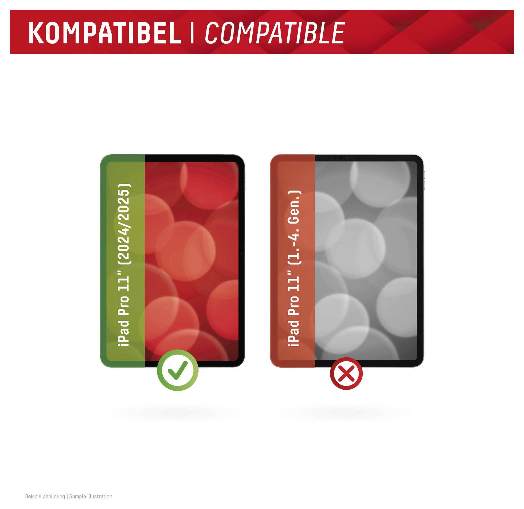 'KOMPATIBEL | COMPATIBLE': Zwei Tablets zeigen Kompatibilität; linkes Tablet mit der Beschriftung 'iPad Pro 11 (2024/2025)' mit grünem Häkchen; rechtes Tablet 'iPad Pro 11 (1.-4. Gen.)' mit rotem Kreuz.