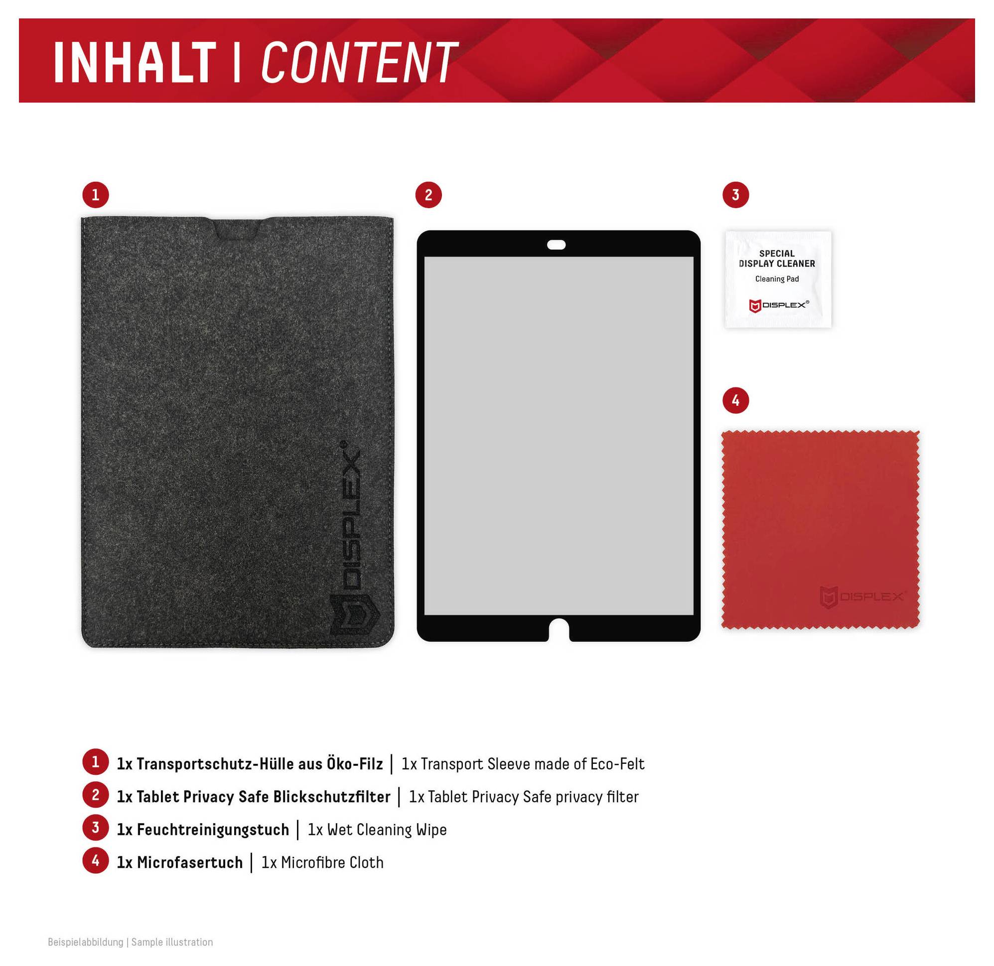 Das Bild zeigt den Inhalt einer Tablet-Zubehörpackung: eine Transporttasche, einen Sichtschutzfilter, ein Reinigungstuch und ein Mikrofasertuch.