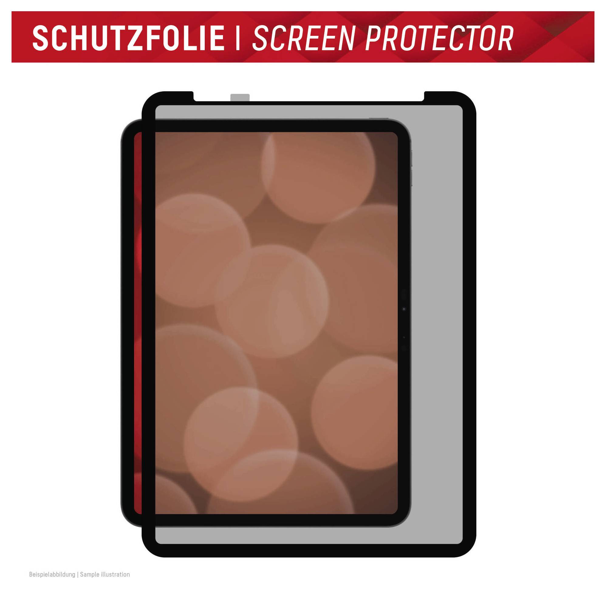 Displayschutzfolieoben über einer Illustration eines Tablets mit einer Schutzfolie, die den Bildschirm teilweise abdeckt.