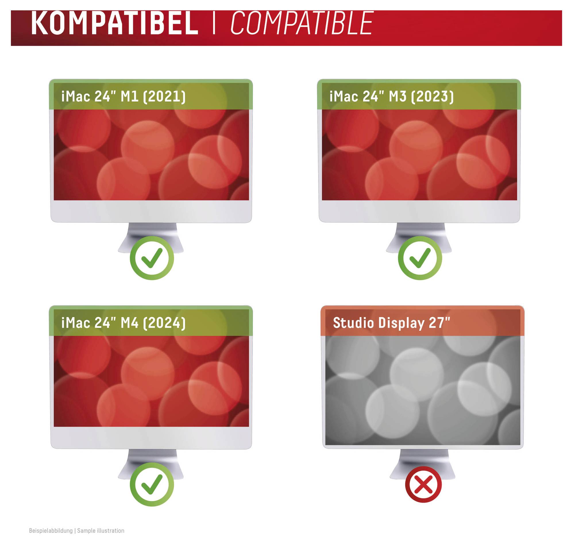 'KOMPATIBEL | COMPATIBLE' Kopfzeile; zeigt die Kompatibilität verschiedener iMac-Modelle und eines Displays. iMac 24