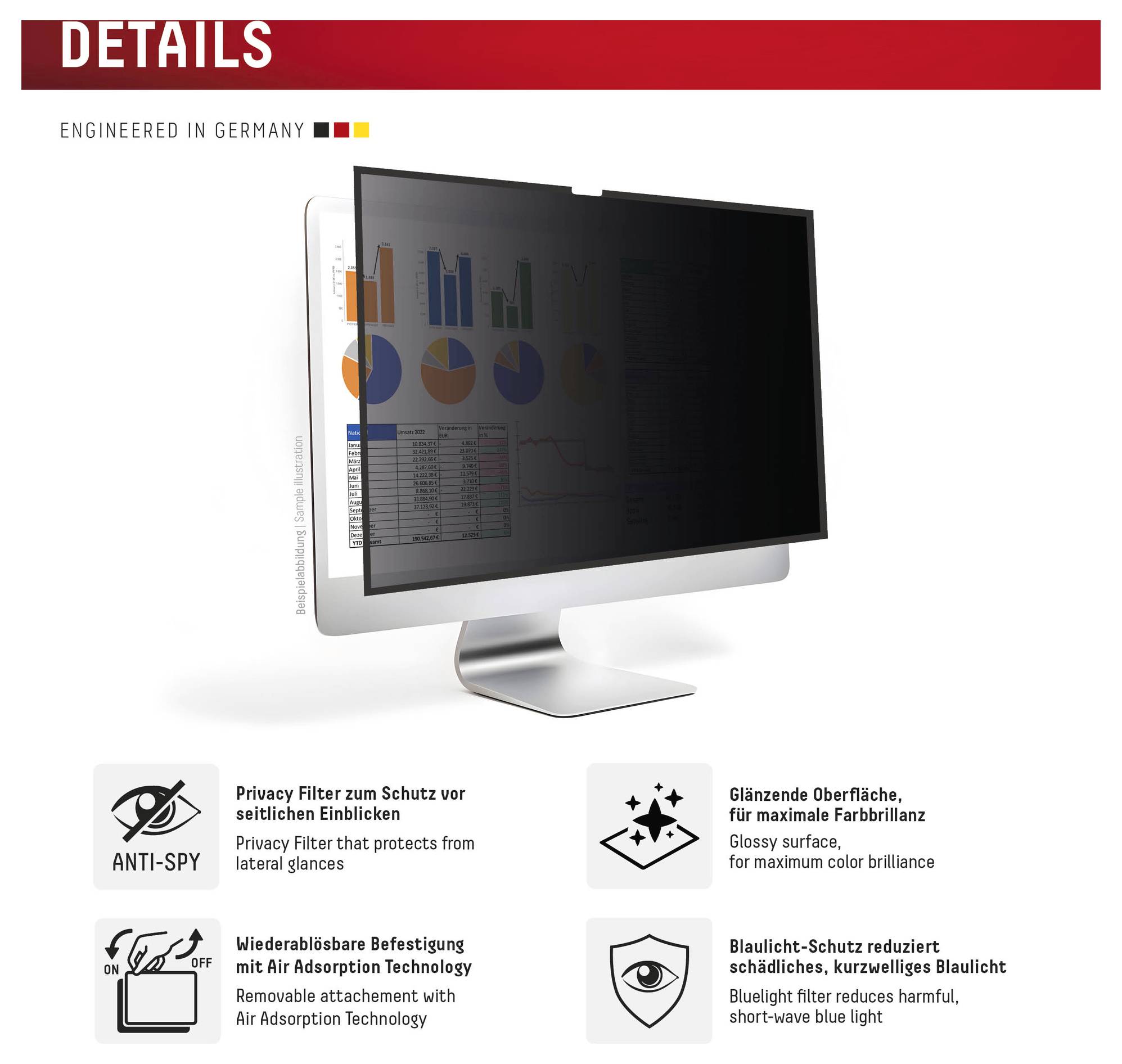 Ein Computermonitor mit einer Datenschutzfilterfolie, die ein Diagramm anzeigt, neben Symbolen, die Funktionen erklären: Anti-Spionage, glatte Oberfläche, Technologie und Blaulichtreduktion.