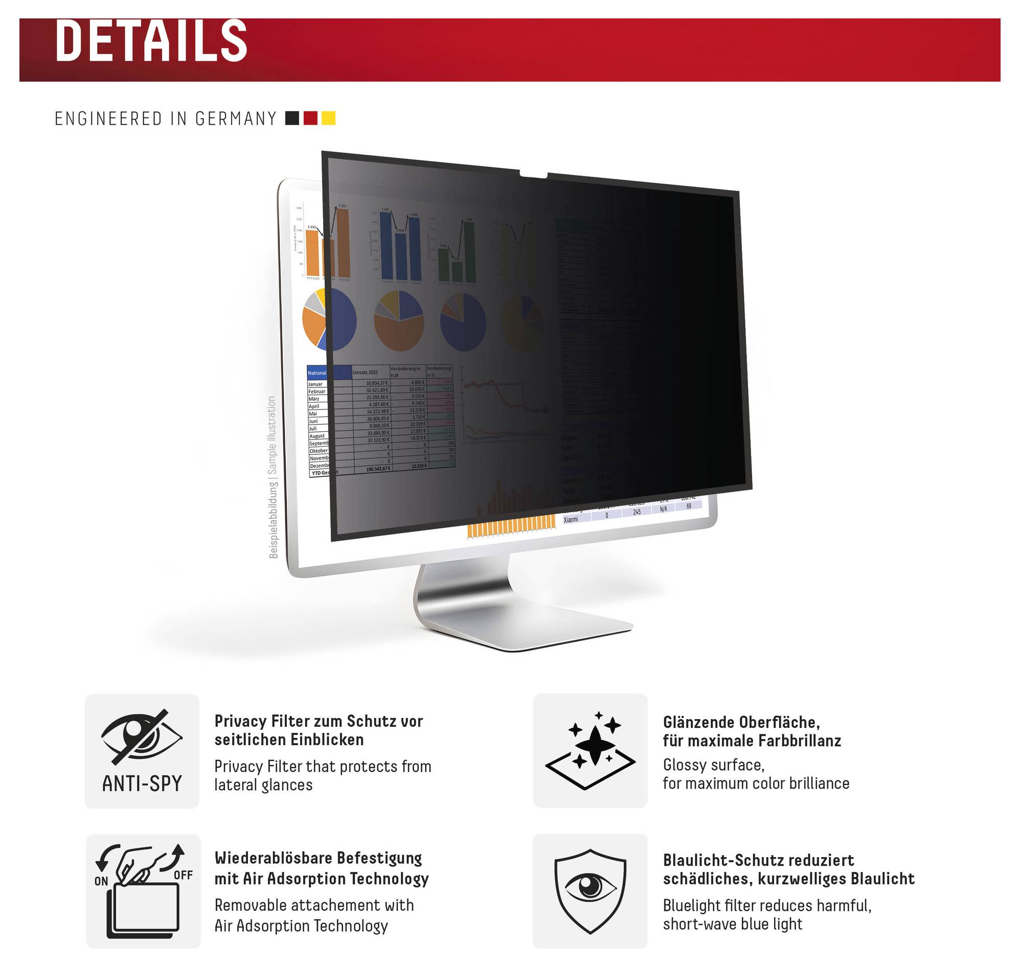 Ein Computermonitor mit Datenschutzfolie, auf dem Grafiken angezeigt werden. Symbole darunter heben Funktionen wie Anti-Spionage, glänzende Oberfläche und Blaulichtreduzierung hervor.