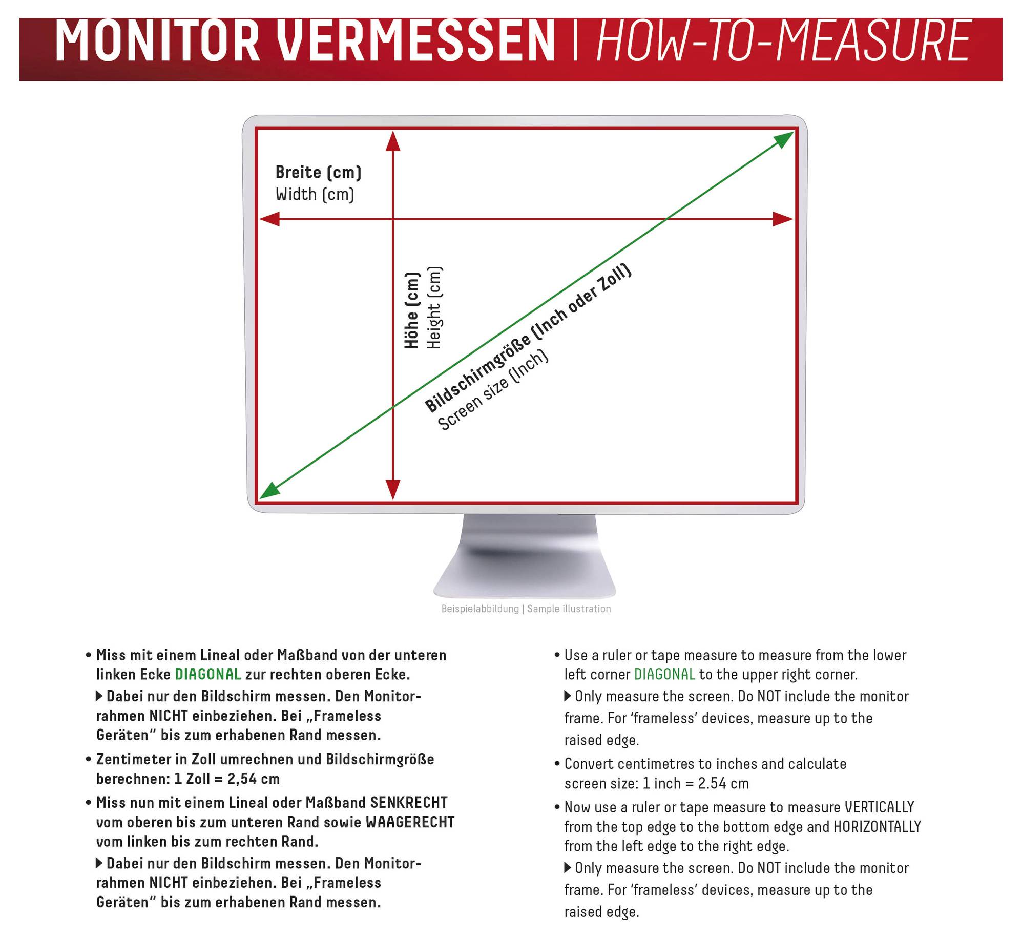 'Monitor Vermessen | So wird gemessen': Diagramm zeigt, wie man einen Monitor nach Breite, Höhe und diagonaler Bildschirmgröße vermisst, wobei der Rahmen vermieden wird.