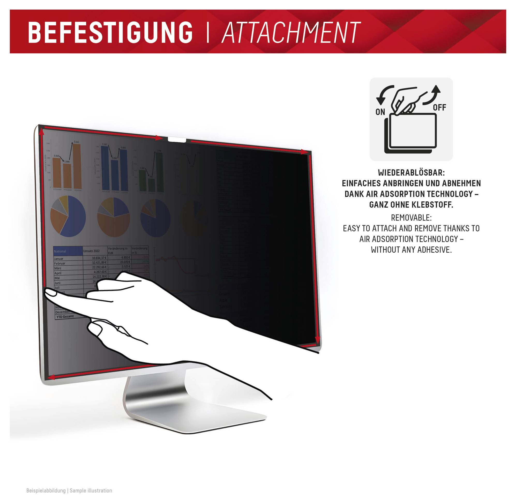'Befestigung | Anbringung' Diagramm zeigt einen Bildschirm mit einer Hand, die auf die einfache Ein-/Ausschalter-Luftadsorptionstechnologie hinweist.