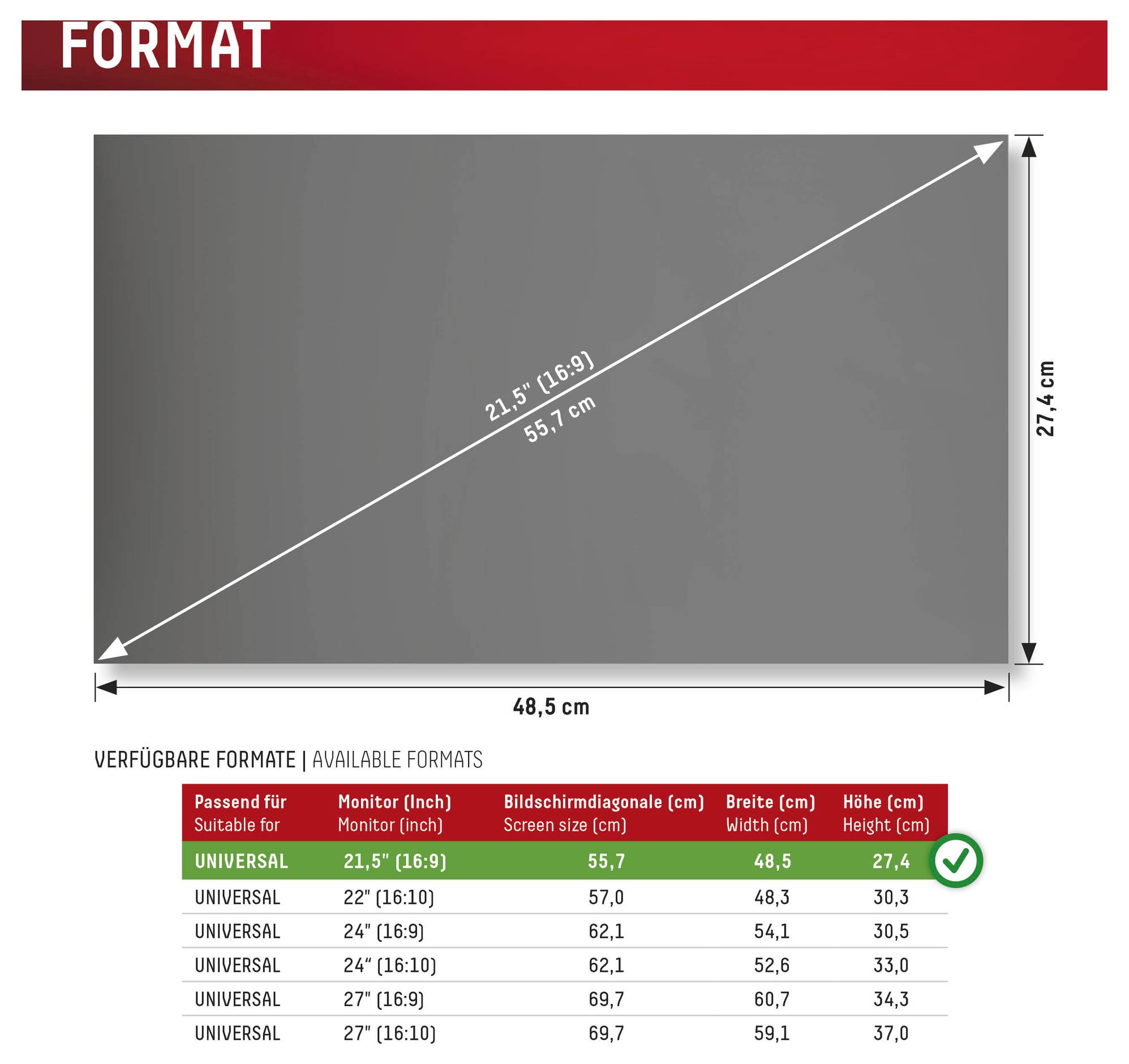 Das Bild zeigt ein Größendiagramm für universelle Monitor-Displayschutzfolien mit einer Bildschirmgröße von 21,5