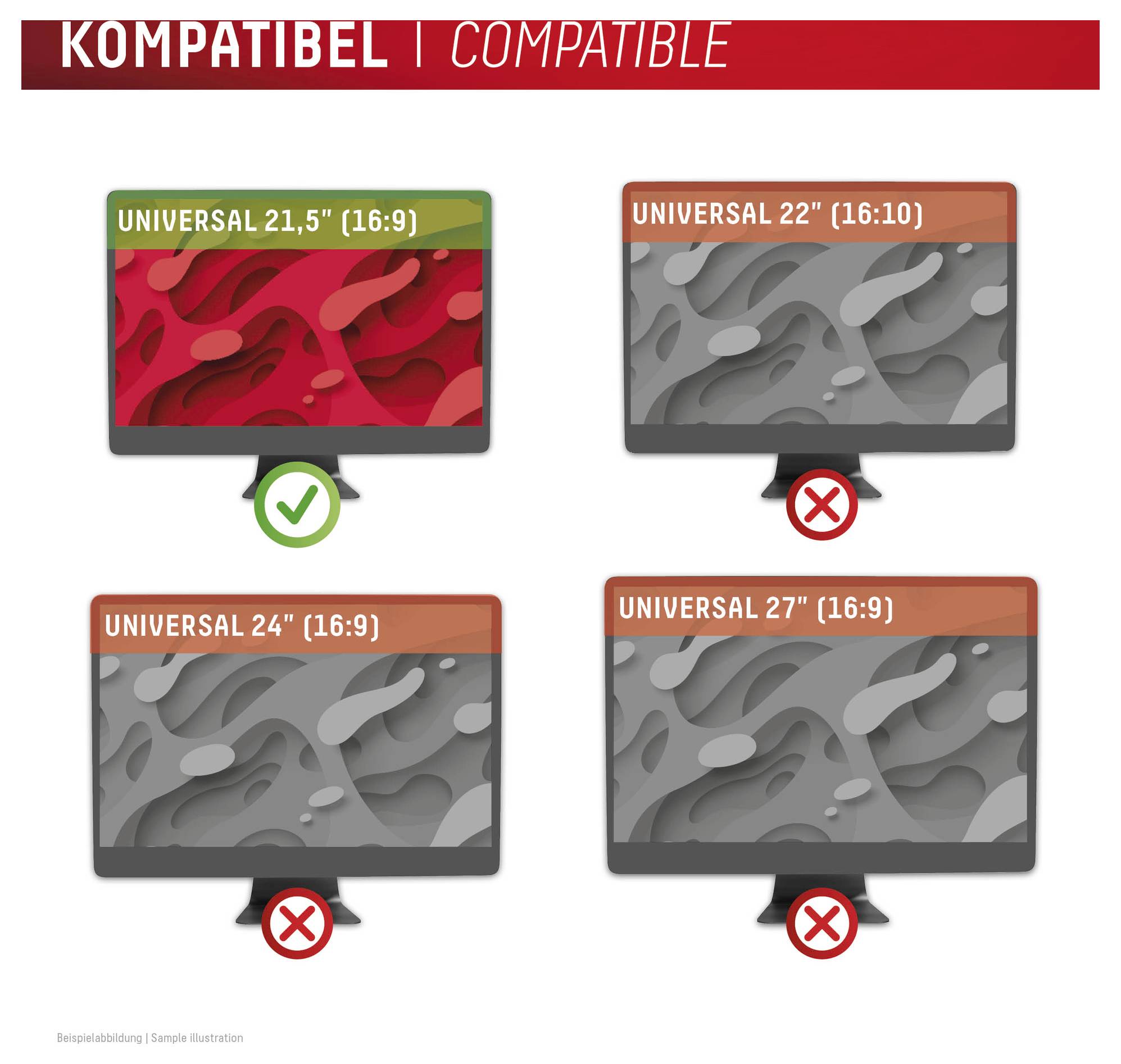 'KOMPATIBEL | COMPATIBLE' Text oben auf dem Bild. Vier Monitore zeigen Kompatibilität: 21,5