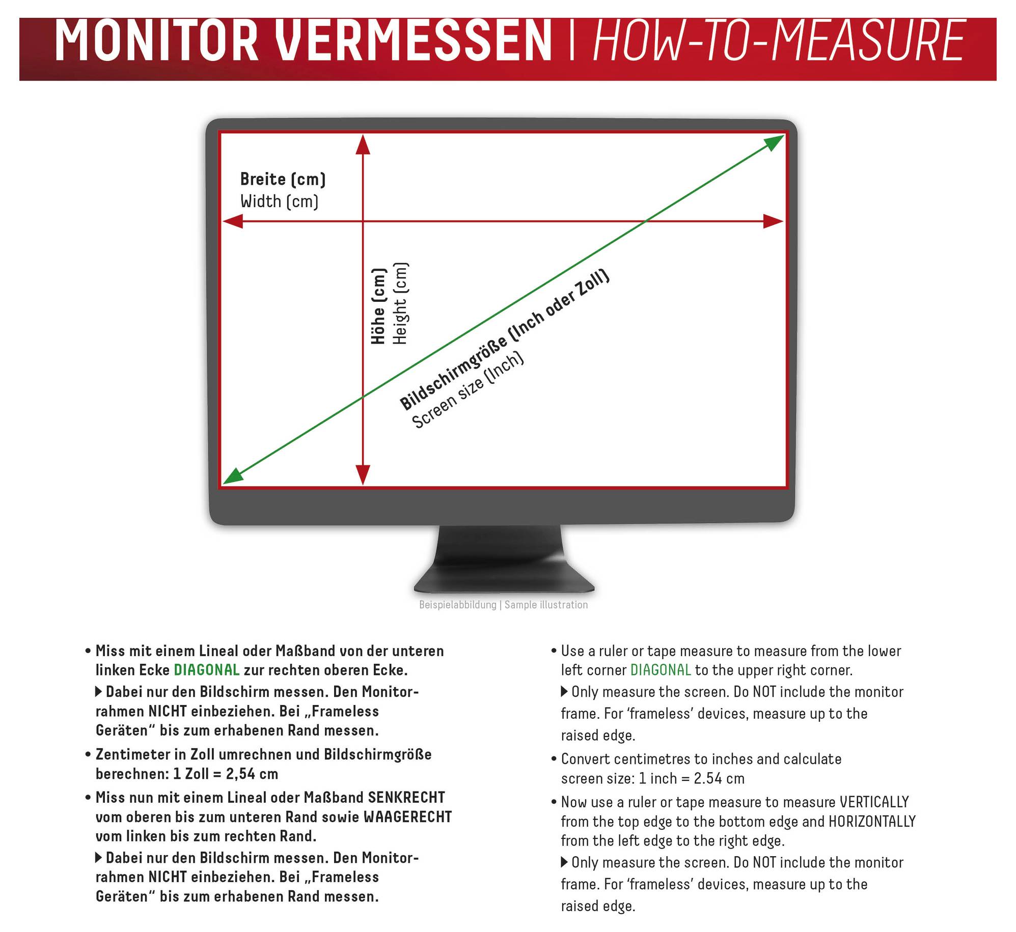 Diagramm, das zeigt, wie man einen Monitor misst: Breite, Diagonale, Höhe in cm und Zoll. Enthält Anweisungen in Deutsch und Englisch.