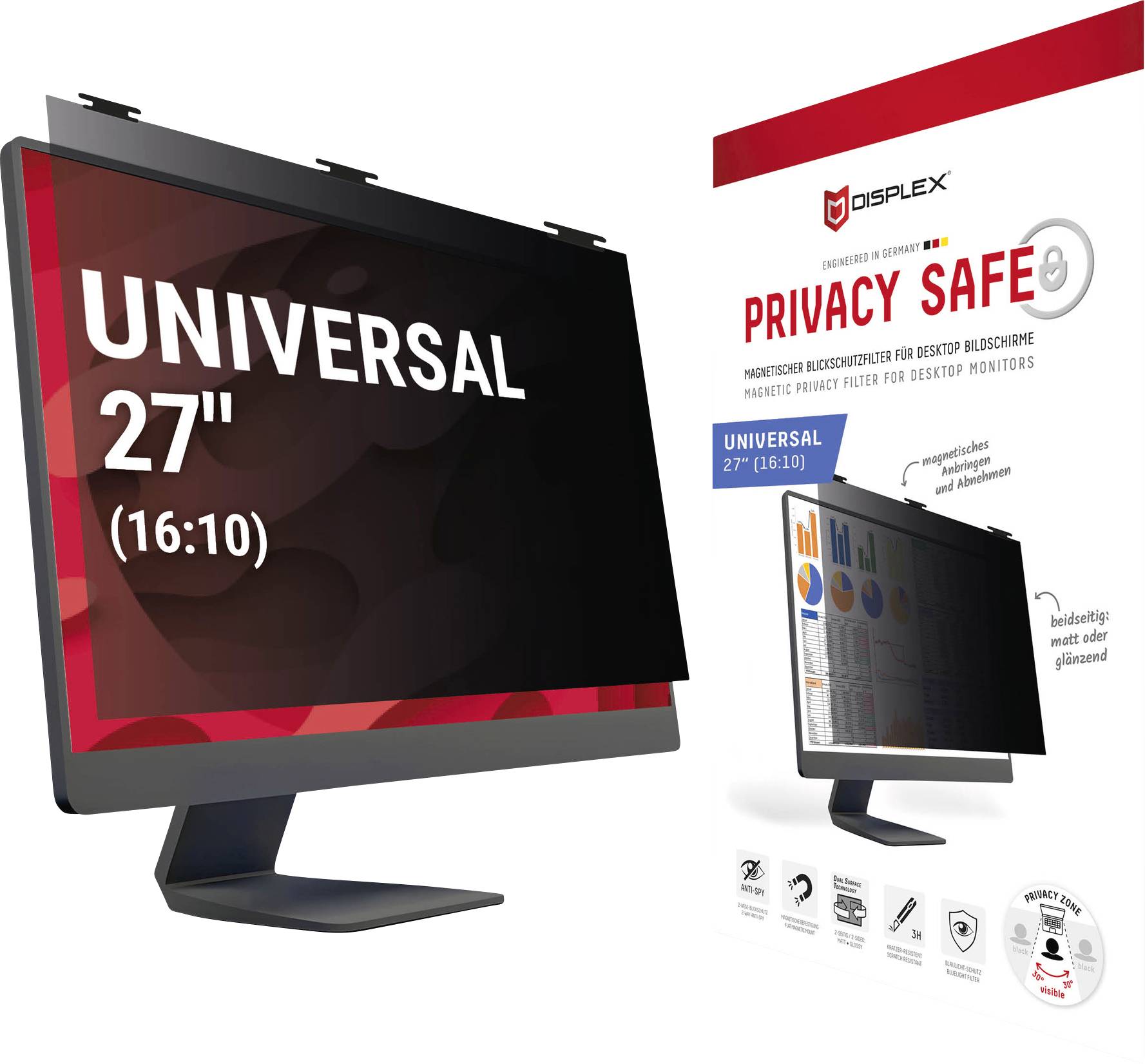 Datenschutzfilter-Produktverpackung für einen 27-Zoll-Desktopmonitor (16:10). Die Verpackung zeigt den angewendeten Filter und hebt 