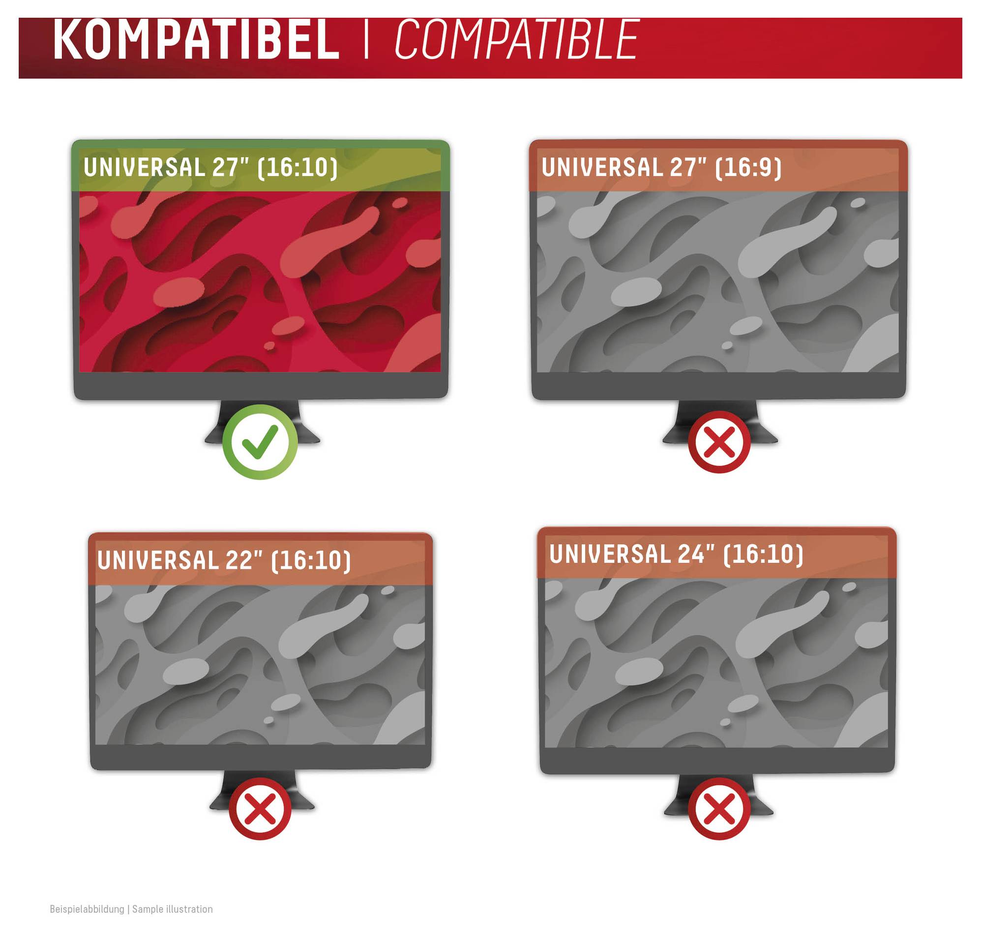 KOMPATIBEL | COMPATIBLEVier Monitore werden angezeigt: „UNIVERSAL 27