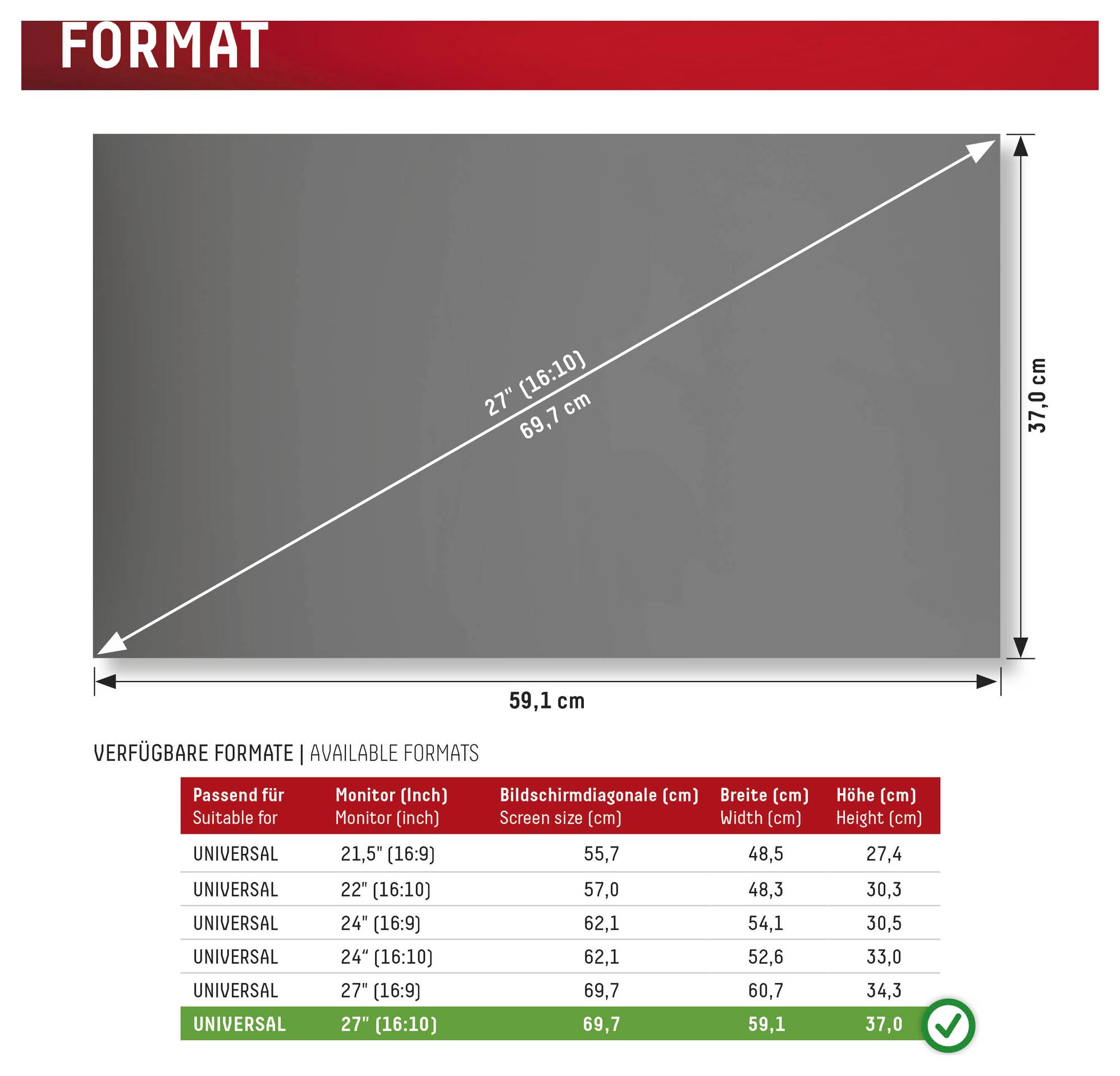 Diagramm eines 27-Zoll-Monitors (16:10) mit Abmessungen von 59,1 cm Breite und 37,0 cm Höhe, in einer Tabelle werden verfügbare universelle Formate hervorgehoben.
