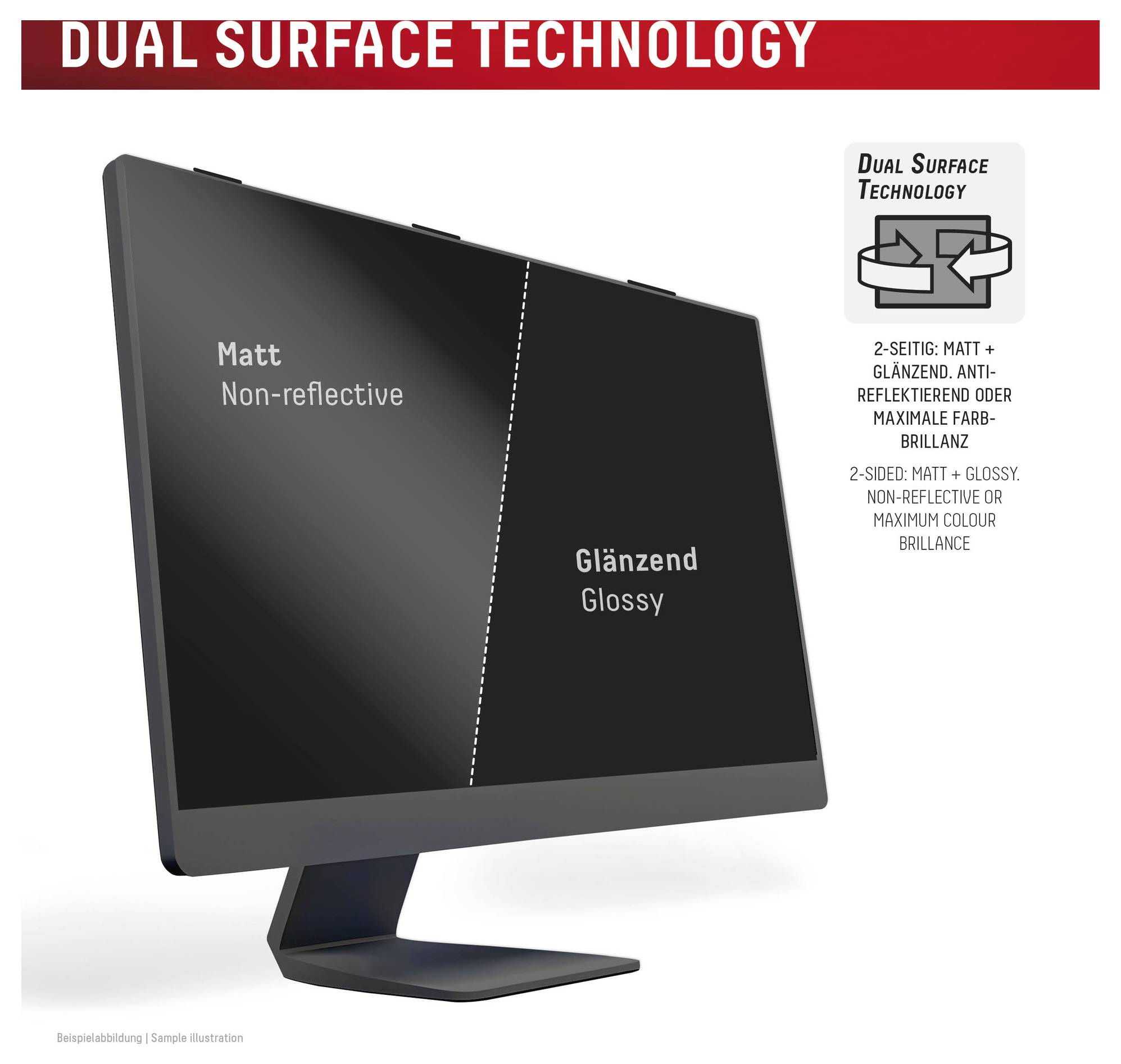 Monitordisplay, das die Dual Surface Technology illustriert, mit einer Hälfte gekennzeichnet als 