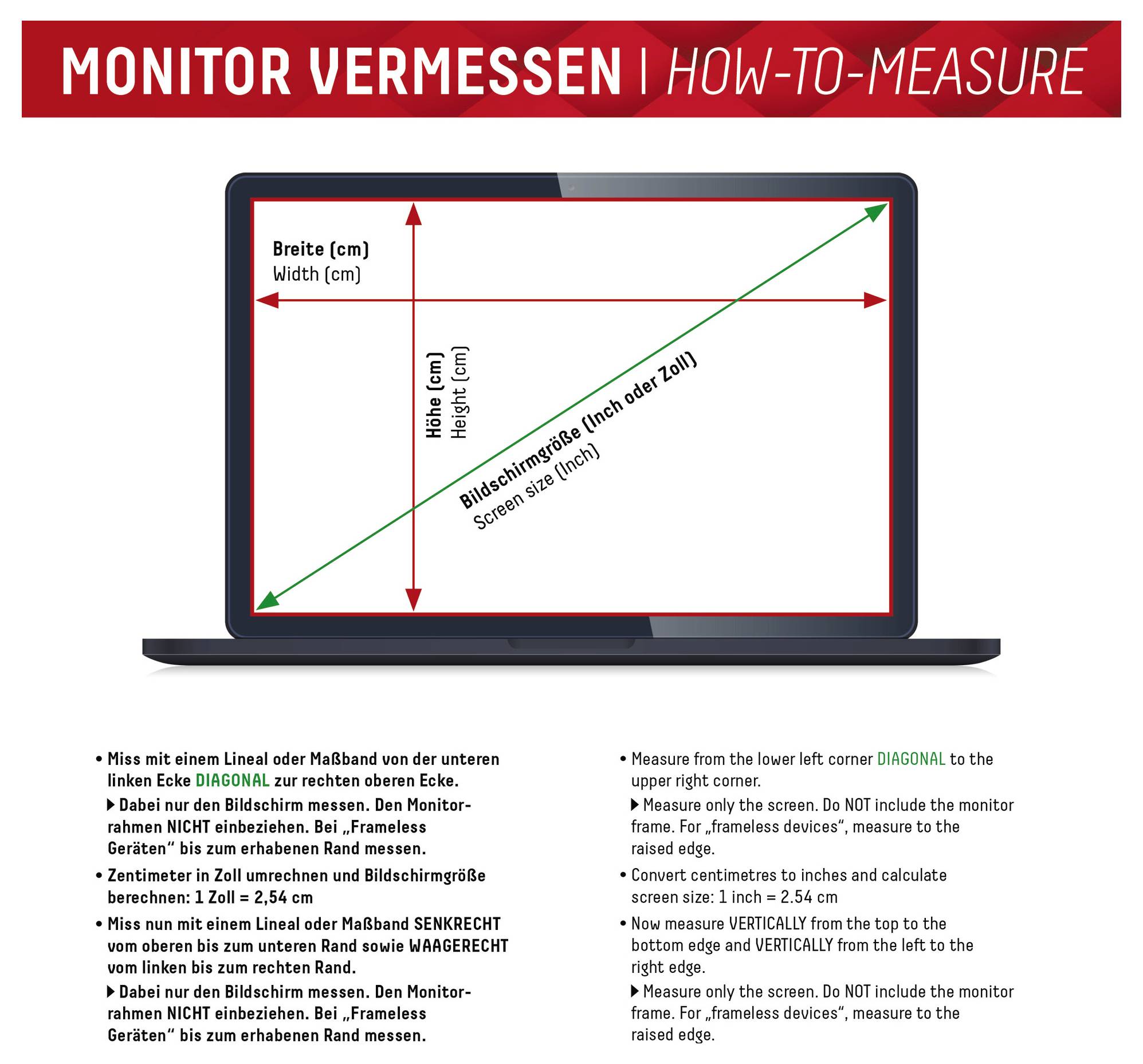 „Diagramm, das zeigt, wie man einen Monitor misst: Verwenden Sie ein Lineal von der unteren linken Ecke diagonal zur oberen rechten Ecke, ohne den Rahmen einzubeziehen.