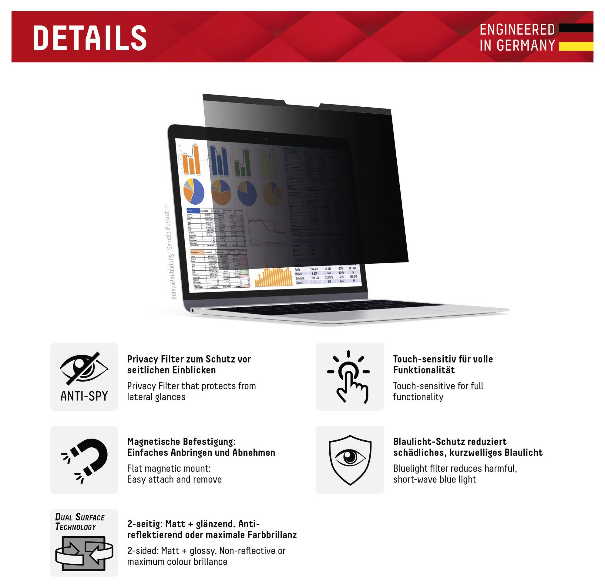 Bild eines Laptops mit Datenschutzbildschirm, der statistische Graphen anzeigt. Symbole darunter erklären Funktionen: Anti-Spy-Filter, magnetische Befestigung, Touchfunktion und Blaulichtreduktion.