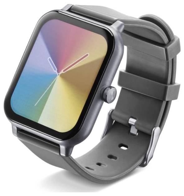 Eine Smartwatch mit farbigem Verlaufsgesicht und grauem Armband, die eine minimalistische analoge Uhr mit dünnen Zeigern anzeigt.