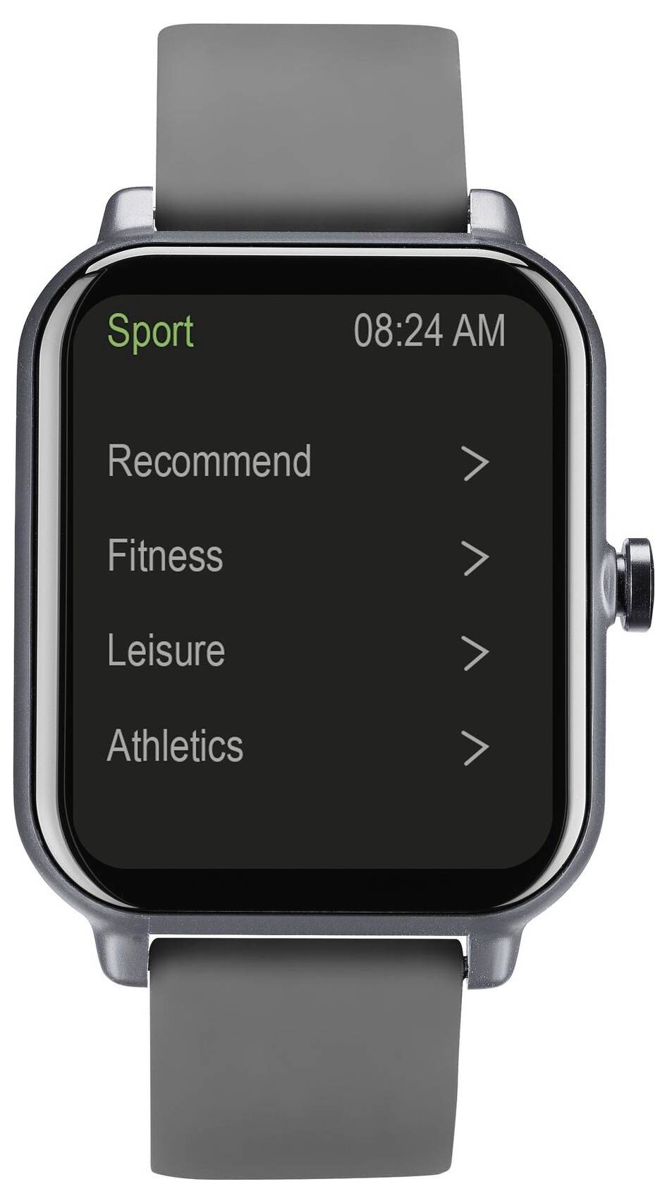 Ein Smartwatch-Display zeigt oben „Sport