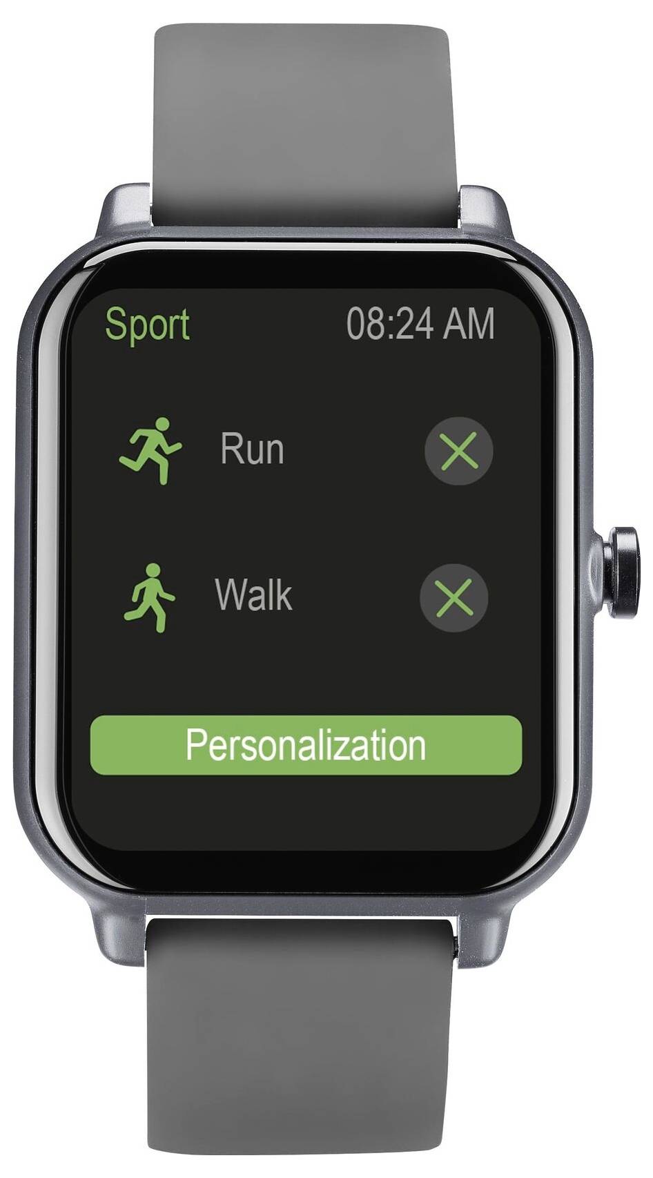 Ein Smartwatch-Display mit zwei Optionen, „Laufen