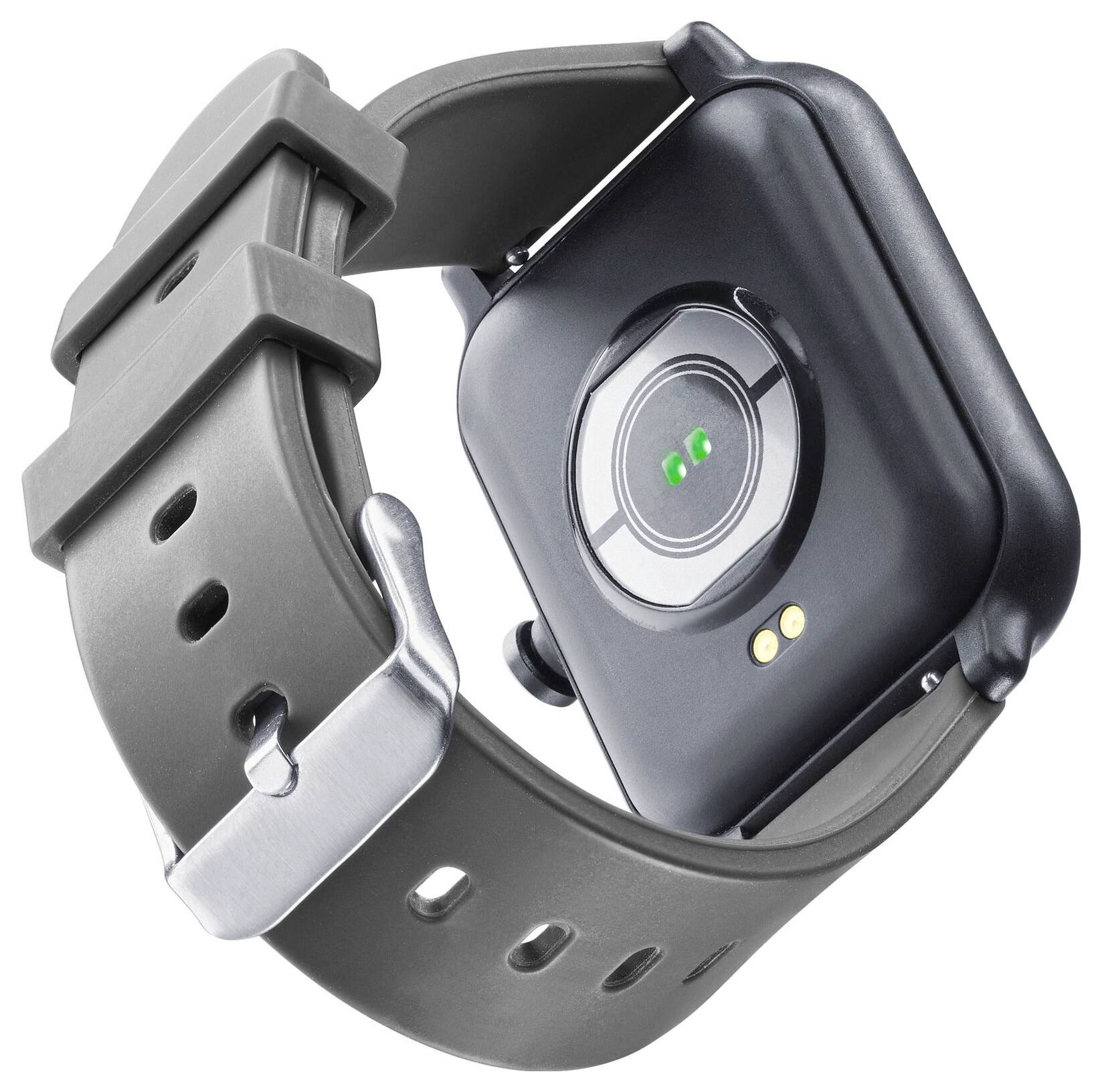 Eine Smartwatch mit quadratischem Gehäuse, mit einem Sensor auf der Unterseite und einem schwarzen verstellbaren Armband mit einer Metallschließe.