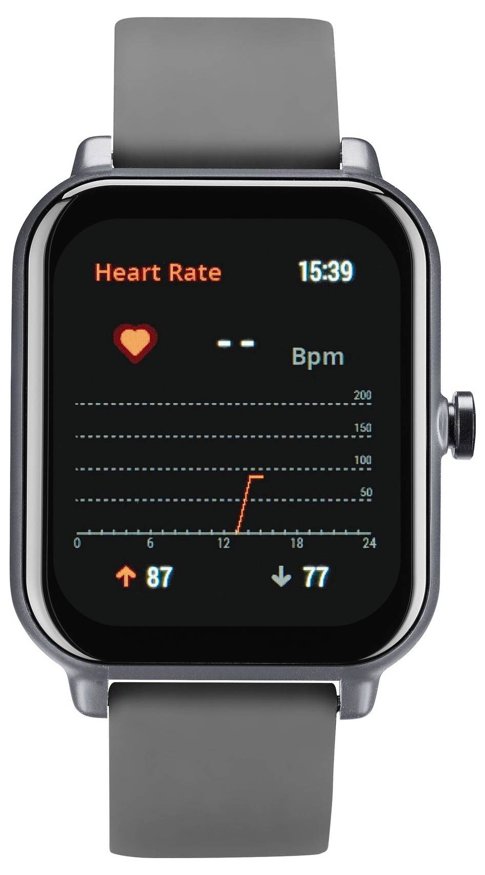 Eine Smartwatch zeigt einen Herzfrequenzmesser an, der ein Herzfrequenzdiagramm mit einer BPM-Anzeige und der aktuellen Uhrzeit 15:39 anzeigt.