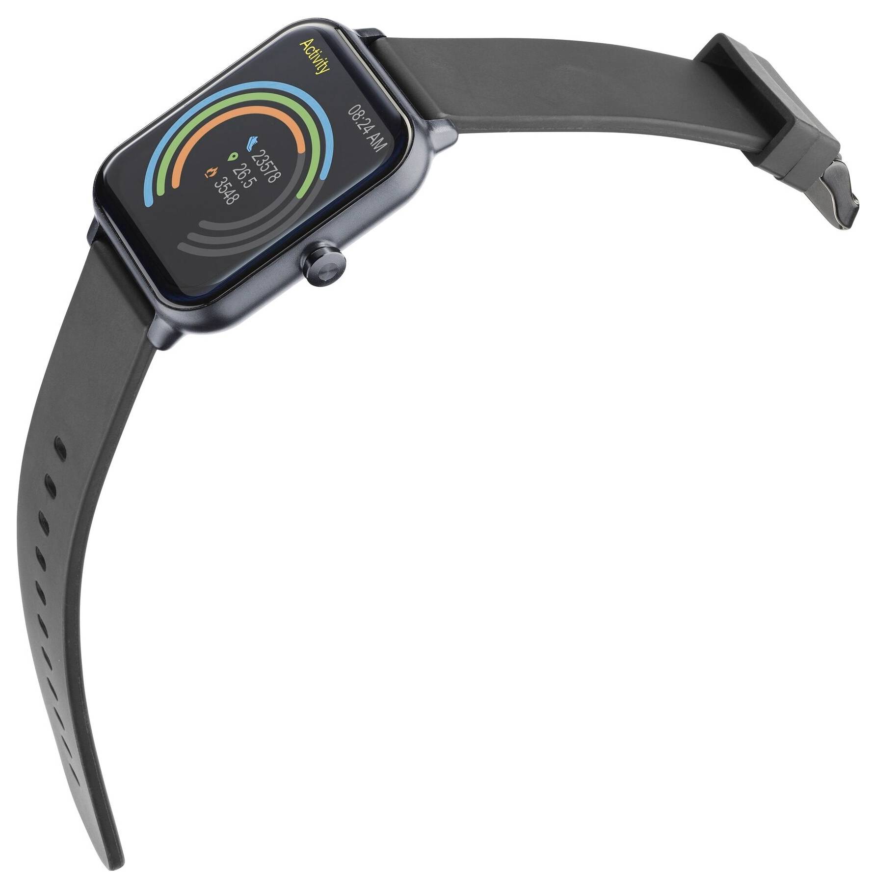 Eine schwarze Smartwatch zeigt 