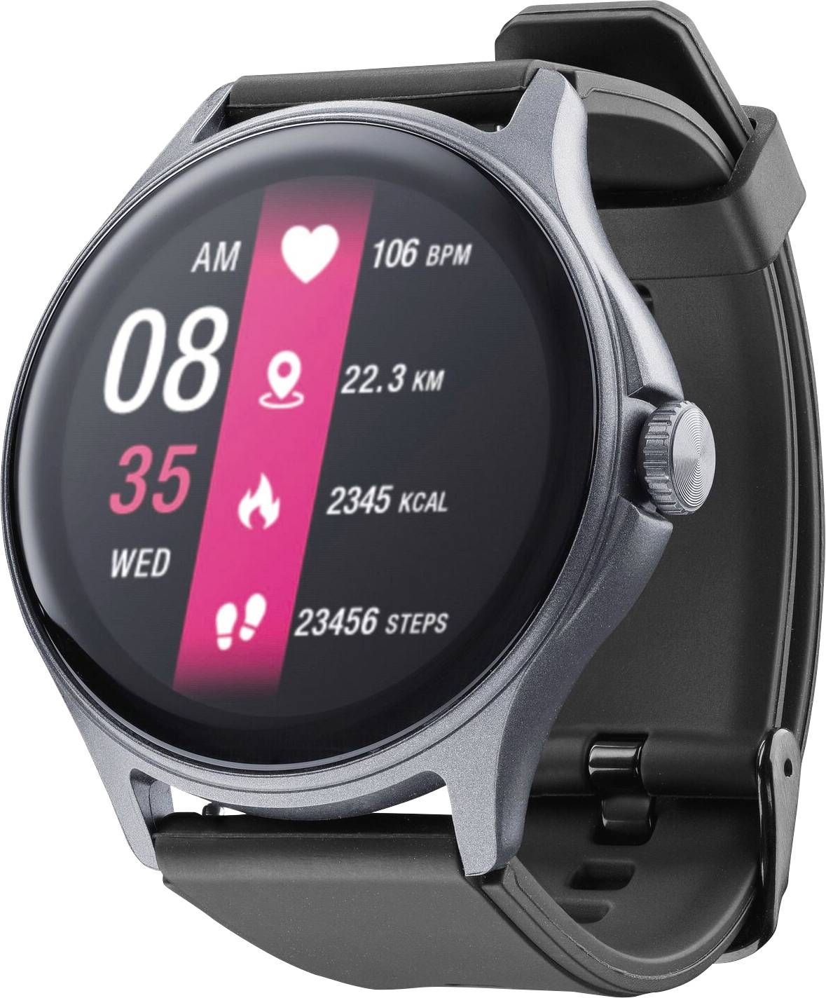 Eine Smartwatch zeigt Gesundheitsdaten an: Uhrzeit „08:35 Uhr