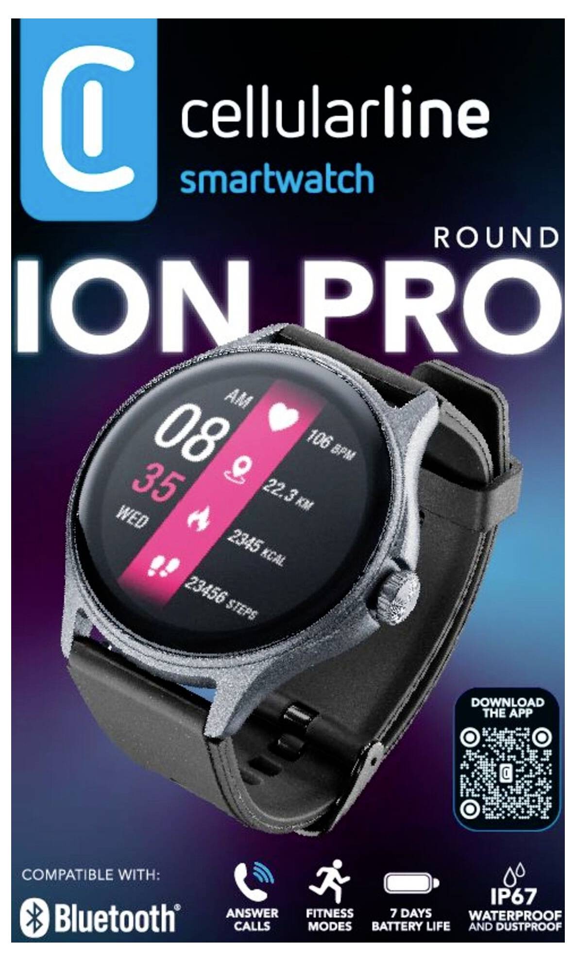 Verpackung für die Smartwatch 'Cellularline Ion Pro'. Zu den Funktionen gehören Herzfrequenzmesser, Fitnessmodi, IP67-Wasserdichtheit, Bluetooth, 7-Tage-Akkulaufzeit.