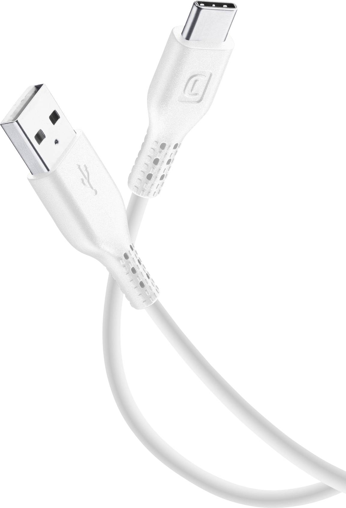 Ein weißes USB-Kabel zu USB-C, wobei beide Stecker gezeigt werden.