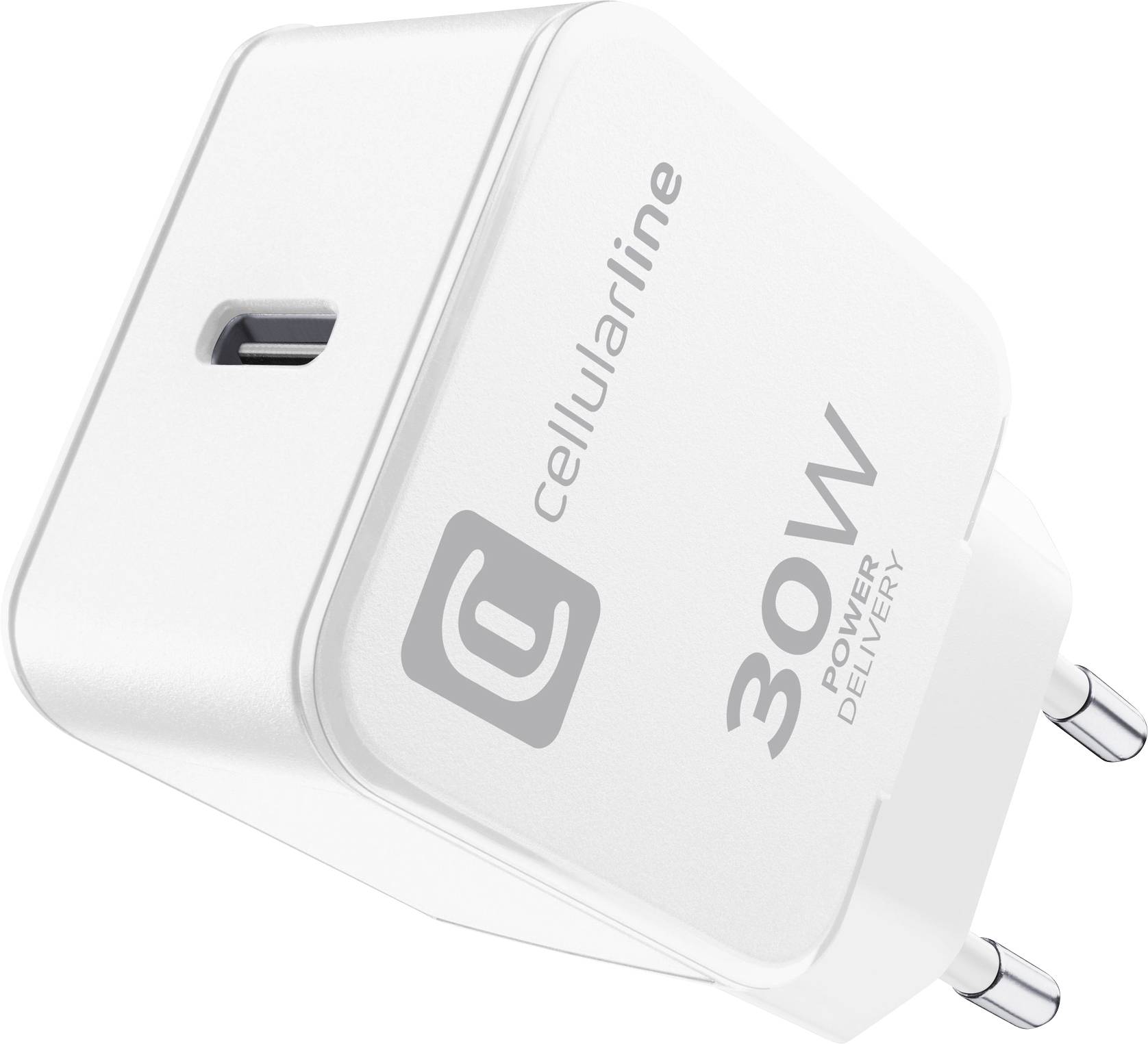 Ein weißer 30W-Stromadapter mit USB-C-Anschluss, mit Unternehmensbranding auf der Seite, angewinkelt und mit europäischen Steckerpins sichtbar.