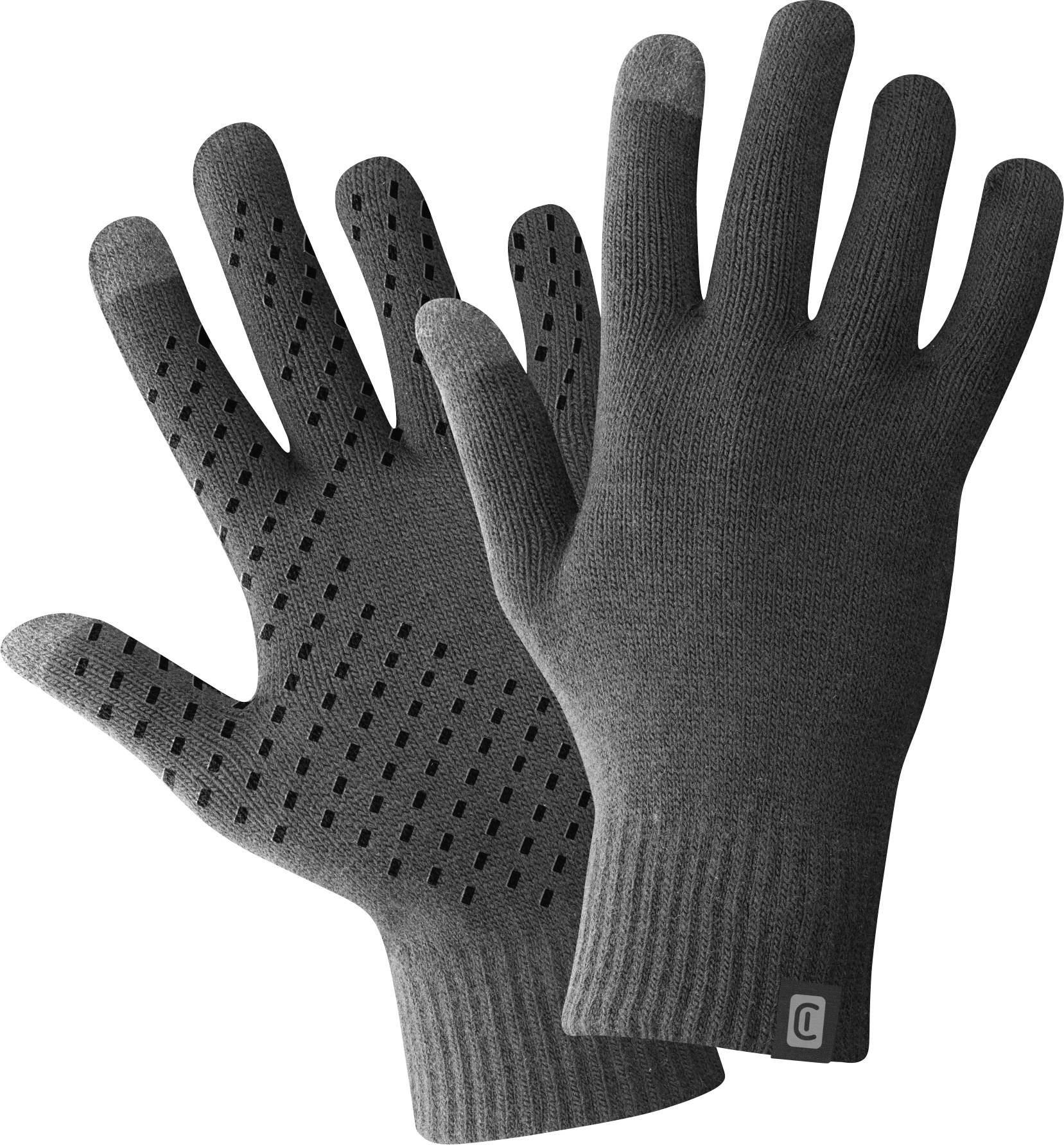 Zwei graue, touchscreen-kompatible Handschuhe, einer mit Punktgriffmuster auf der Handfläche, entworfen für Winterkleidung und Nutzung digitaler Geräte.