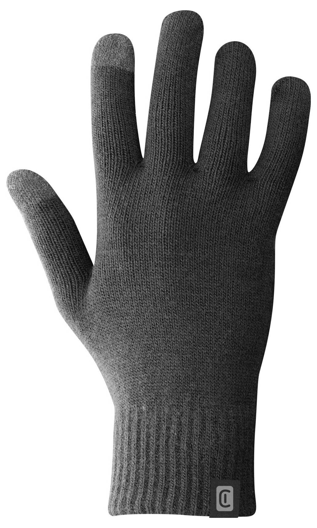Ein einzelner dunkelgrauer Strickhandschuh mit geripptem Manschettenbündchen, entwickelt für Touchscreen-Kompatibilität, auf weißem Hintergrund abgebildet.
