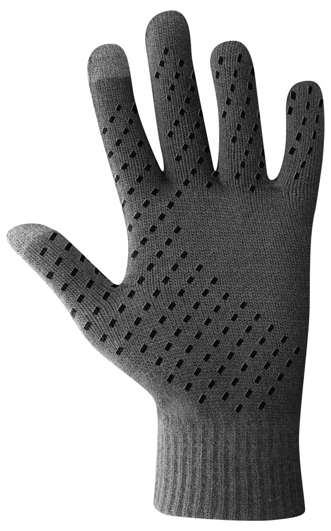 Ein grauer gestrickter Handschuh mit schwarzem punktiertem Griffmuster auf Handfläche und Fingern, entwickelt für verbesserten Grip und Komfort.