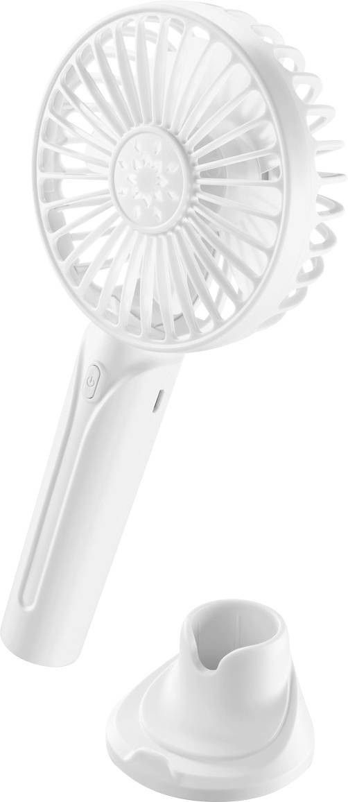 Ein weißer tragbarer elektrischer Handventilator mit passendem Ständer, geeignet für die mobile Nutzung. Der Ventilator hat ein rundes Gitter und einen Stromschalter am Griff.