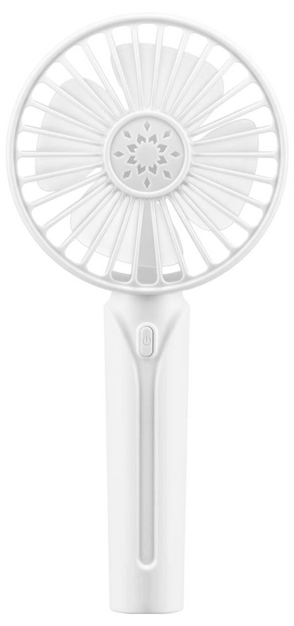 Ein tragbarer weißer Ventilator mit kreisförmigem Design und vertikalen Schutzlamellen, ausgestattet mit einem einzigen Netzschalter am Griff.
