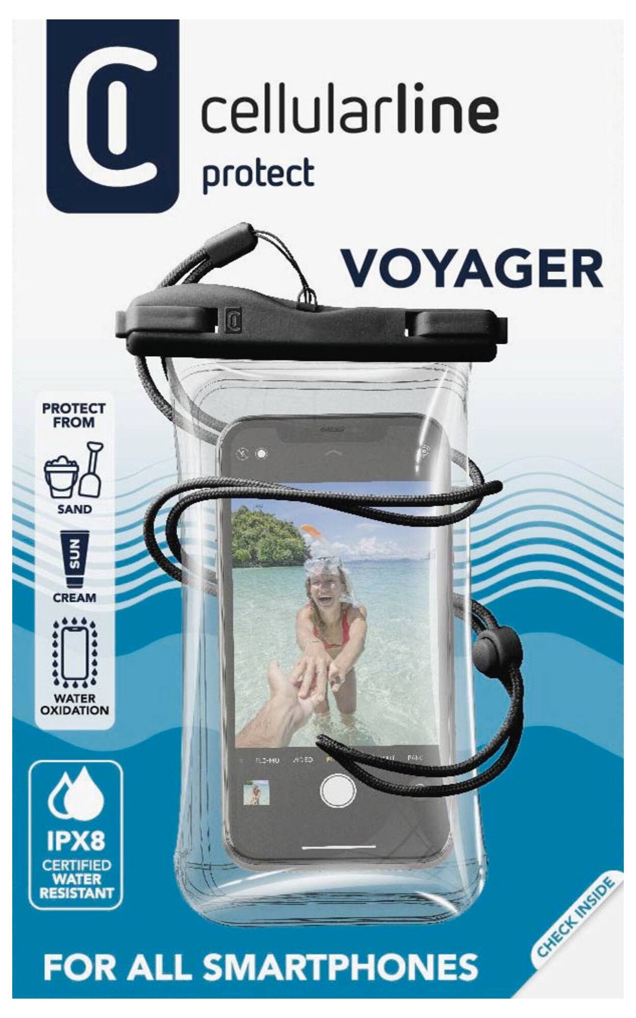 'Cellularline Voyager' wasserdichte Smartphone-Schutzhülle mit Verpackung, die ein Telefon in der Hülle mit einer Wasserszene auf dem Display zeigt. Schützt vor Wasser, Sand und Oxidation. IPX8-zertifiziert.
