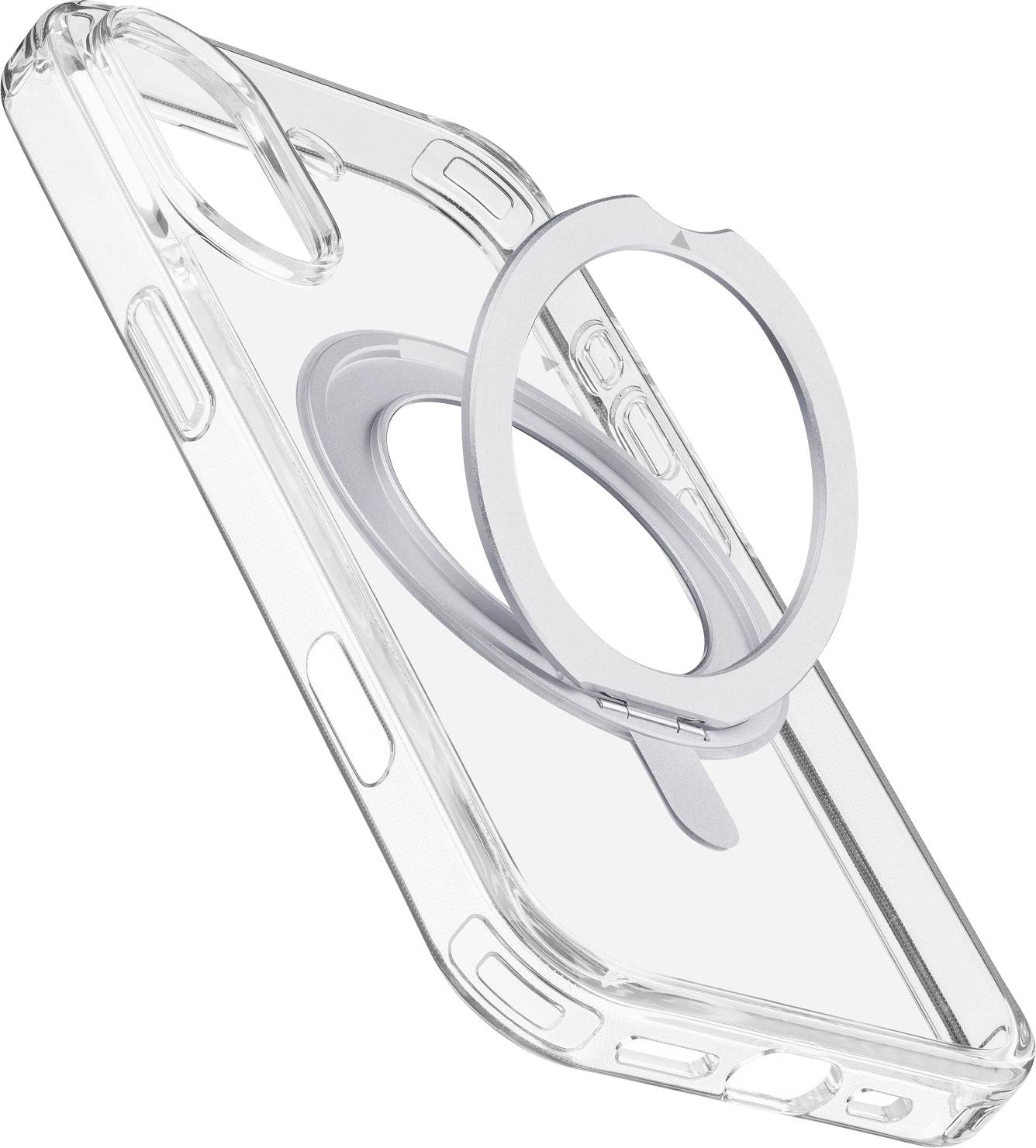 Durchsichtige Handyhülle mit integriertem kreisförmigen Metallringständer für einfaches Greifen und freihändige Nutzung.
