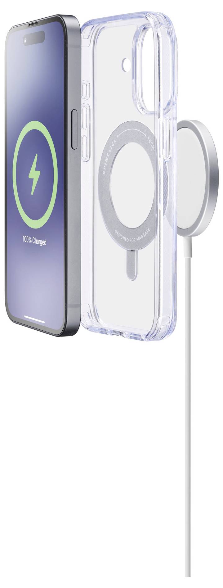 Ein Smartphone mit einer Ladeanimation auf dem Bildschirm, eine transparente Hülle, die die Kompatibilität mit einem magnetischen kabellosen Ladegerät zeigt, das über ein Kabel verbunden ist.