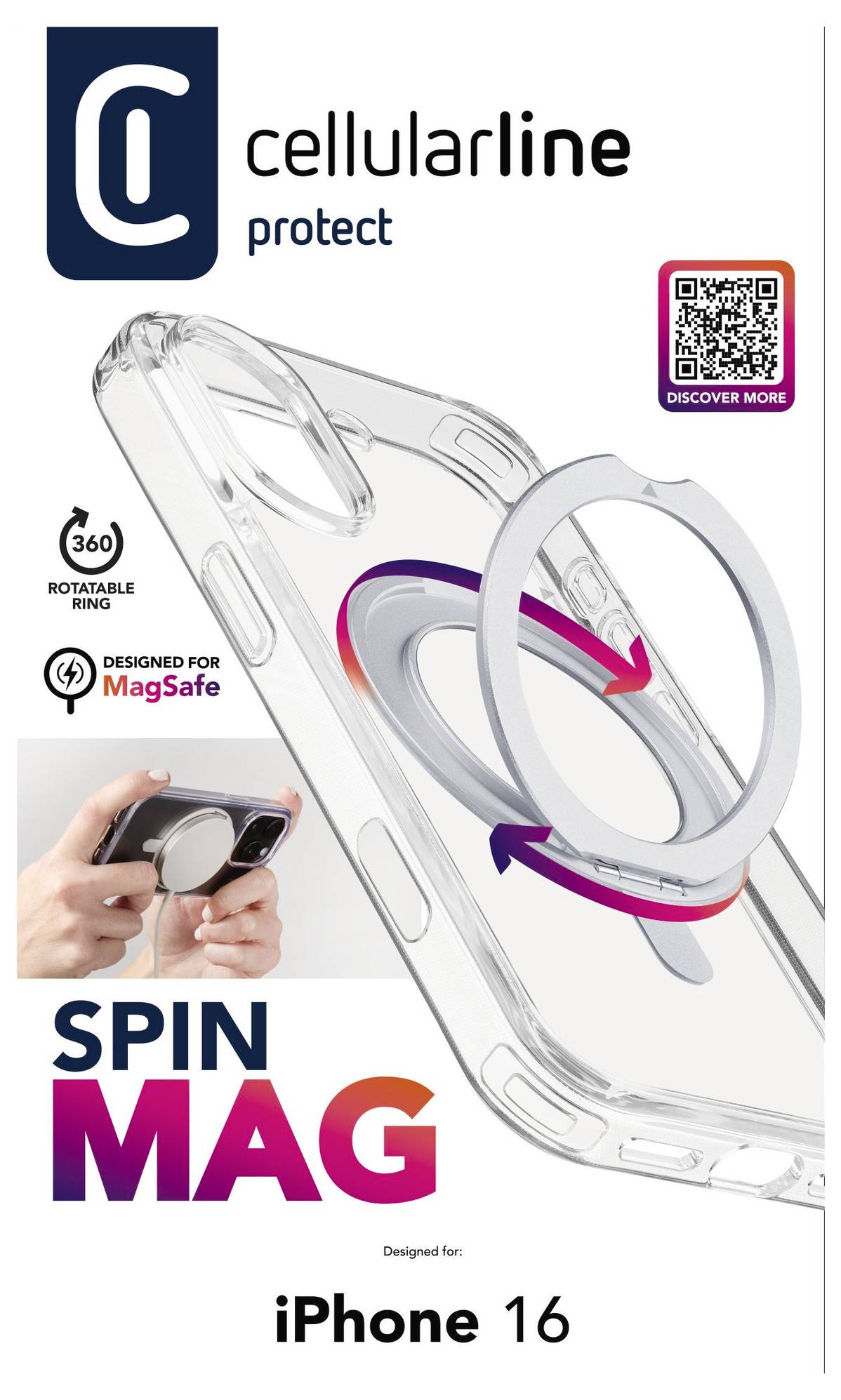 Cellularline Spin Mag Hülle für iPhone 16, mit 360° drehbarem Ring und MagSafe-Kompatibilität sowie QR-Code für weitere Informationen.