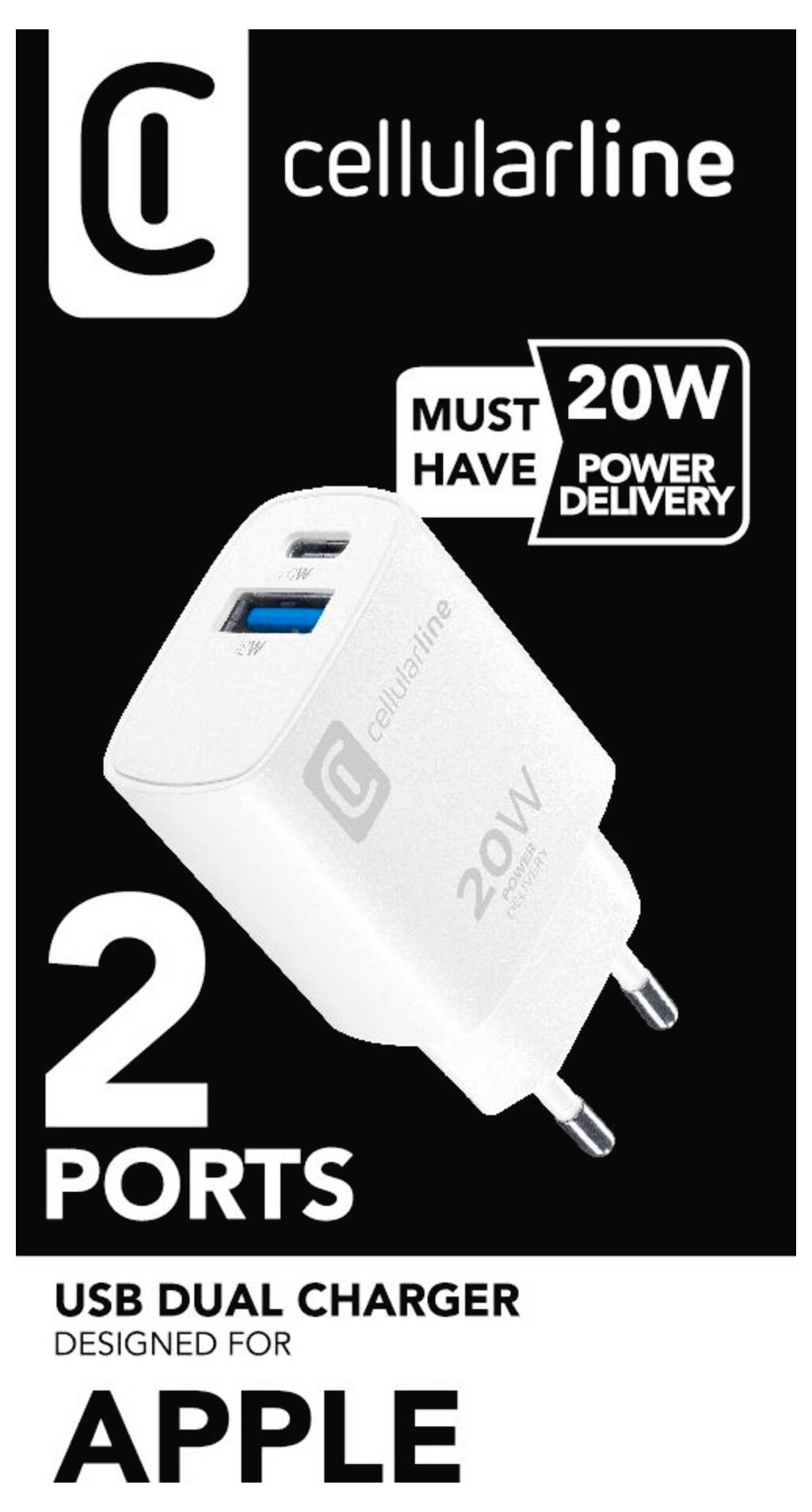 Ein weißes USB-Dual-Ladegerät mit zwei Anschlüssen und 20W Leistungsabgabe, entwickelt für Apple-Produkte, mit der Bezeichnung „cellularline