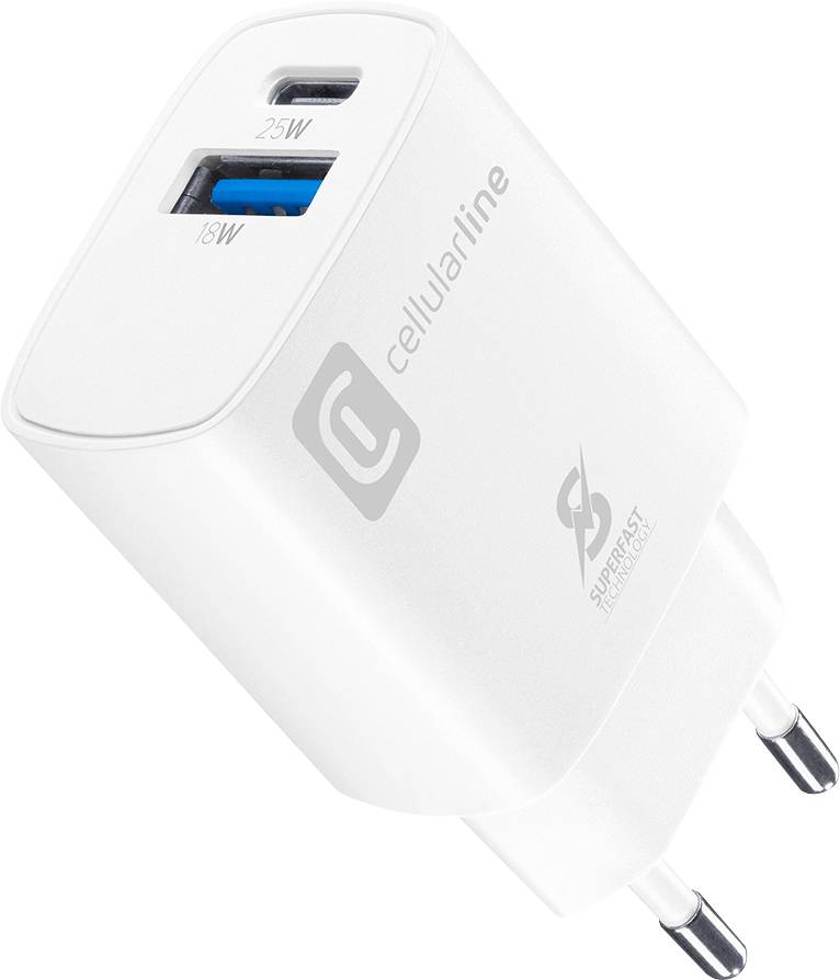 Ein weißes Celluarline Superfast-Ladegerät mit USB-C- und USB-A-Anschlüssen, das jeweils 25W und 18W Leistung liefert.
