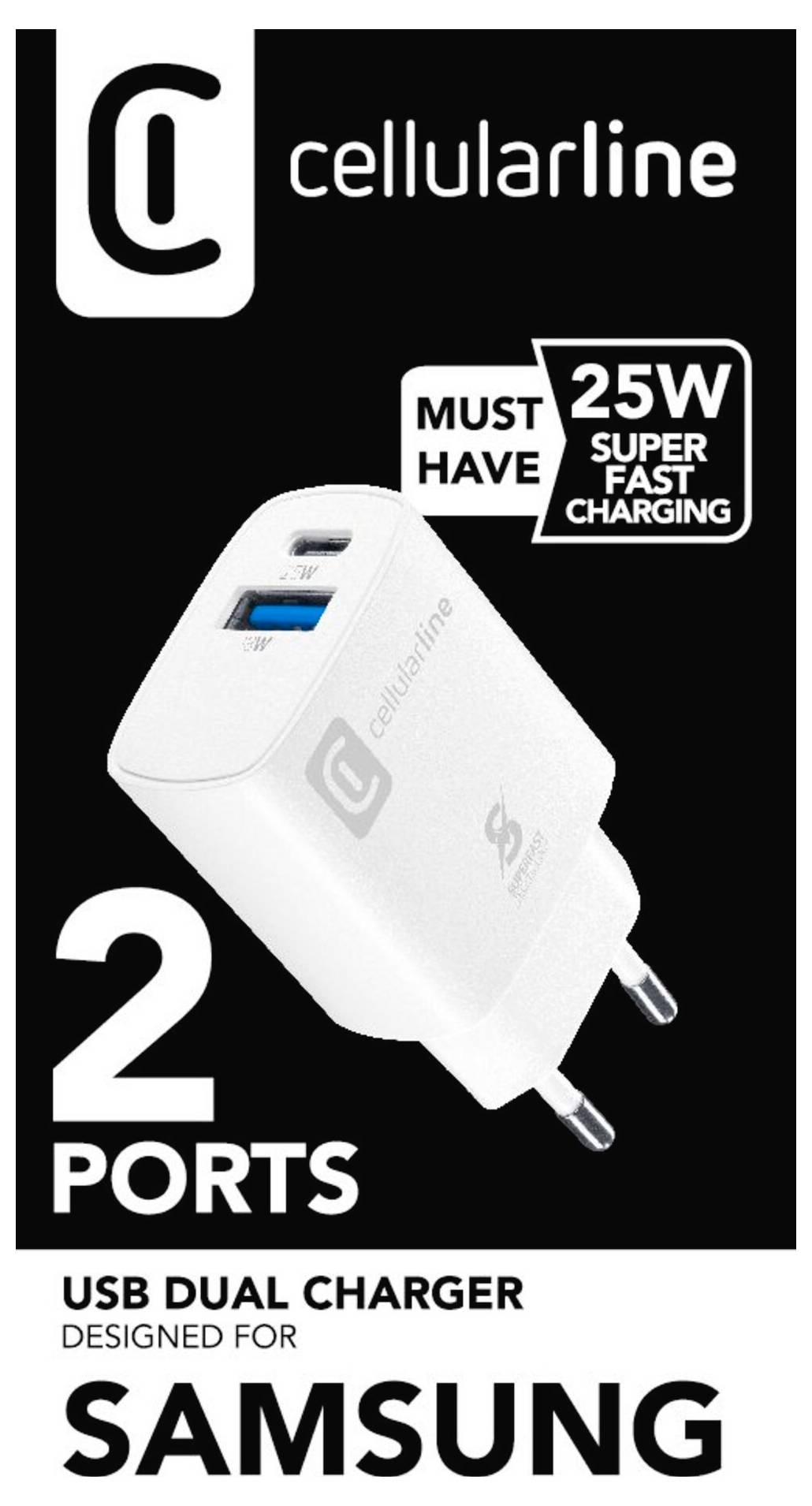 Cellularline USB-Doppelladestation, 2 Anschlüsse, 25W Super Fast Charging, entwickelt für Samsung. Schwarz-weiße Verpackung mit Produktabbildung.