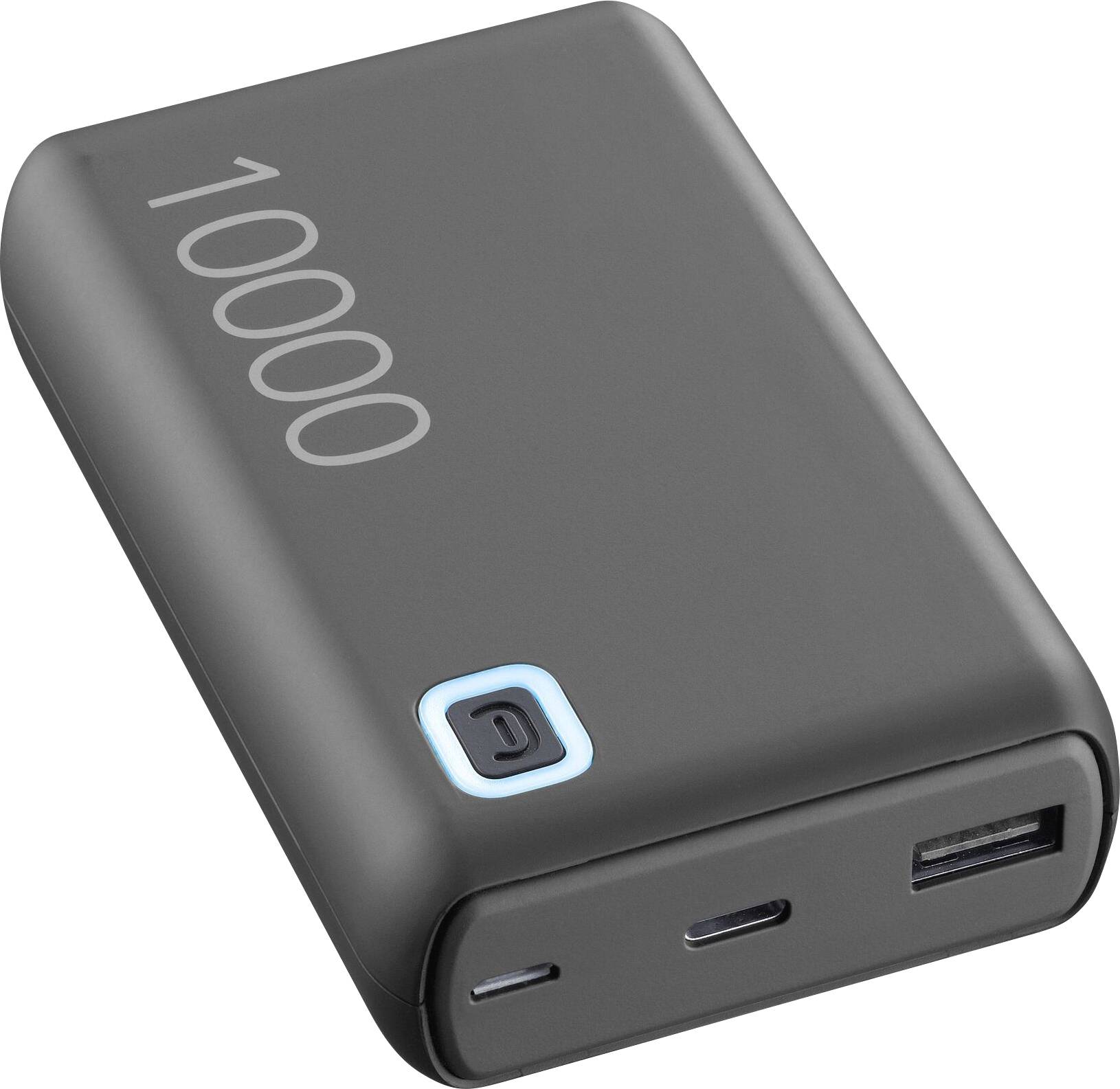 Eine graue 10000mAh tragbare Powerbank mit USB-Anschluss, USB-C-Anschluss und einer Stromtaste mit Lichtanzeige.