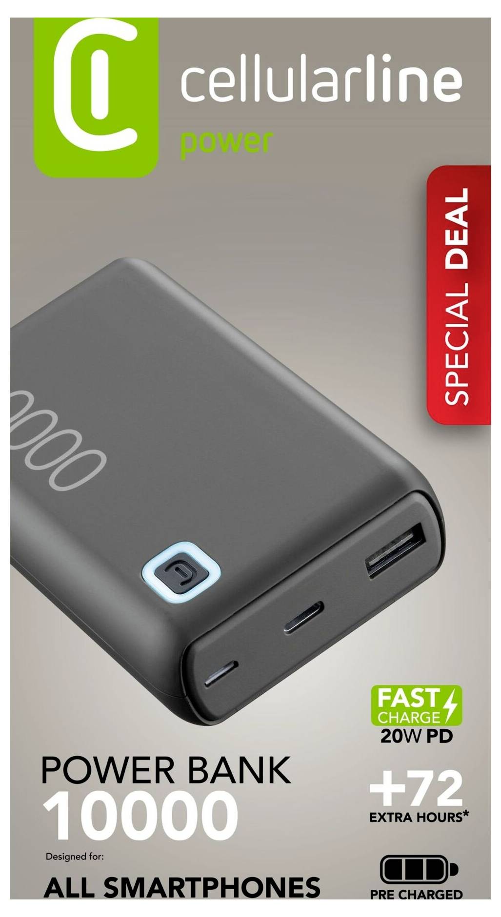 „Cellularline 10.000 mAh Powerbank für alle Smartphones, schnelles Laden 20W PD, bietet +72 Stunden Zusatzzeit. Spezialangebot in Rot hervorgehoben.