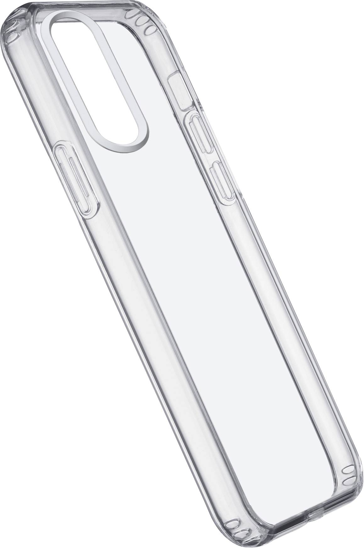 Ein klares, transparentes Smartphone-Case mit präzisen Aussparungen für Tasten und Kamera, das ein minimalistisches Design präsentiert.