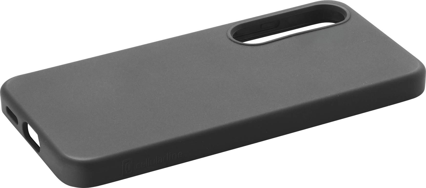 Ein schwarzes Handygehäuse, das flach liegt und zum Schutz von Smartphones entwickelt wurde, mit präzisen Ausschnitten für die Kamera und Tasten.