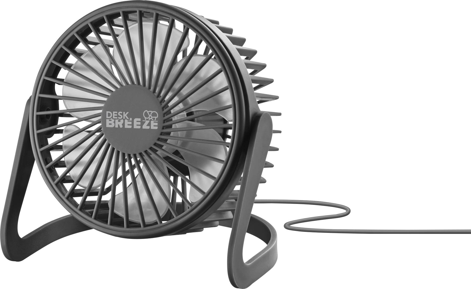 Ein kleiner, runder Schreibtischventilator mit der Bezeichnung „Desk Breeze