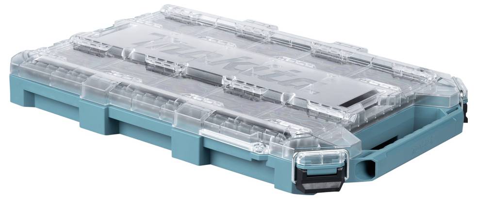 Ein transparentes Kunststoff-Werkzeugorganizer mit einer blaugrünen Basis, das mehrere Fächer und einen Scharnier-Deckel aufweist und zum Lagern von kleinen Gegenständen entwickelt wurde.