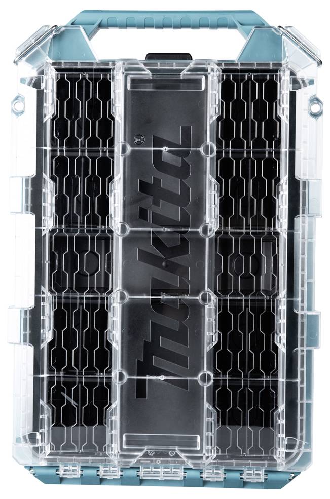 Ein Makita-Werkzeugkoffer mit türkisem Griff und transparentem Deckel, auf dem das Markenlogo zu sehen ist, konzipiert zur Organización von Werkzeugen und Zubehör.