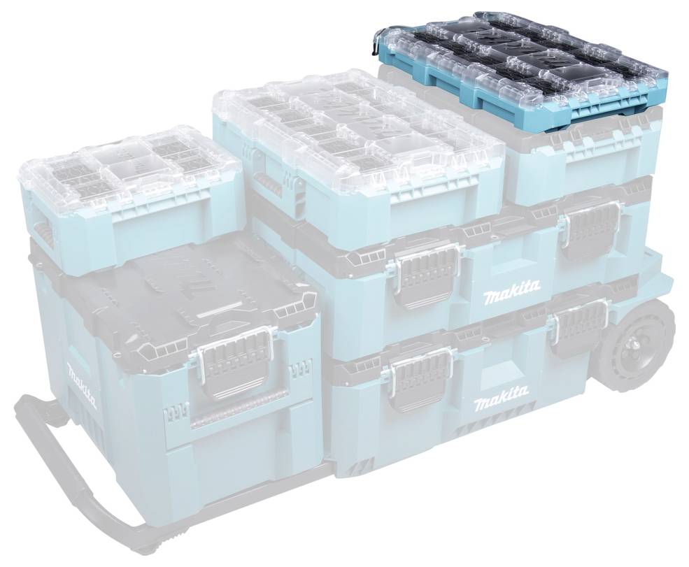 Ein Stapel blauer und schwarzer modularer Lagerkästen mit Rädern und transparenten Deckeln, gekennzeichnet mit 